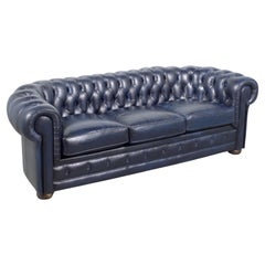 1960s French Vintage Leather Sofa in Navy Blue with Tufted Details