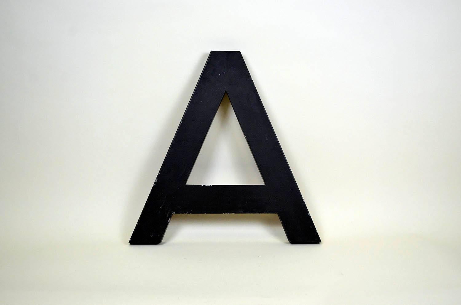 Industrial 1960s French Vintage Metal Letter A in Dark Brown Outside and Red Inside For Sale