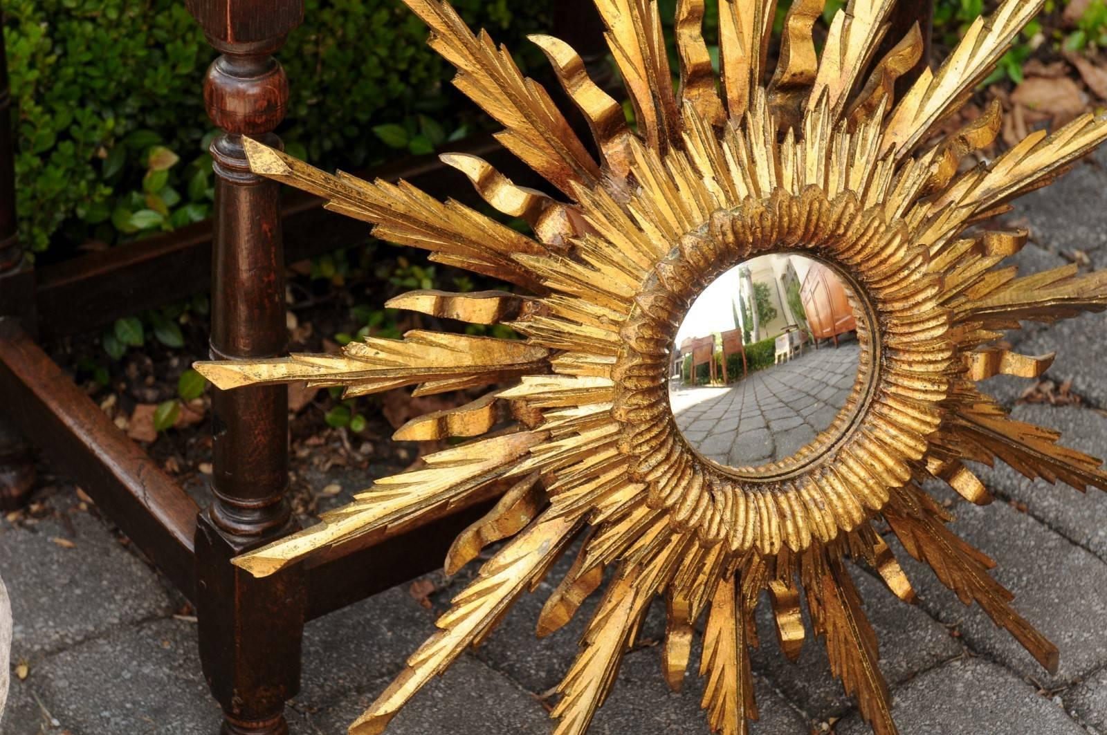 Mid-Century Modern 1960s French Vintage Three-Layered Sunburst Mirror with Convex Mirror Plate