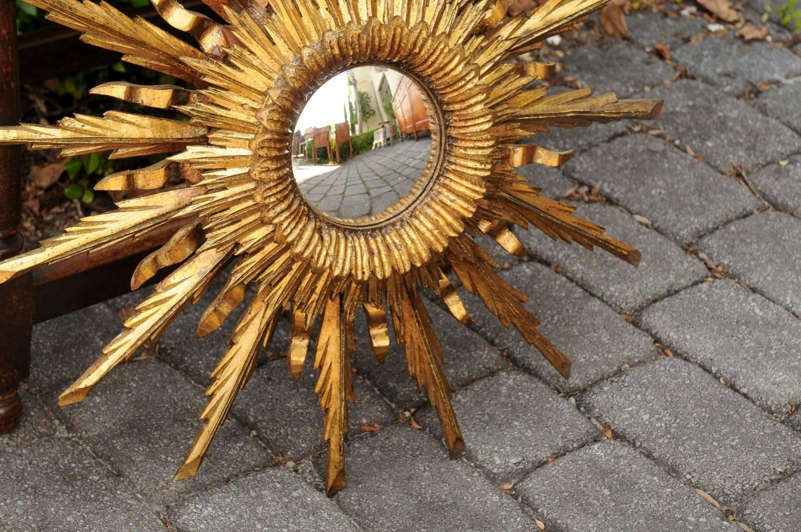 Carved 1960s French Vintage Three-Layered Sunburst Mirror with Convex Mirror Plate