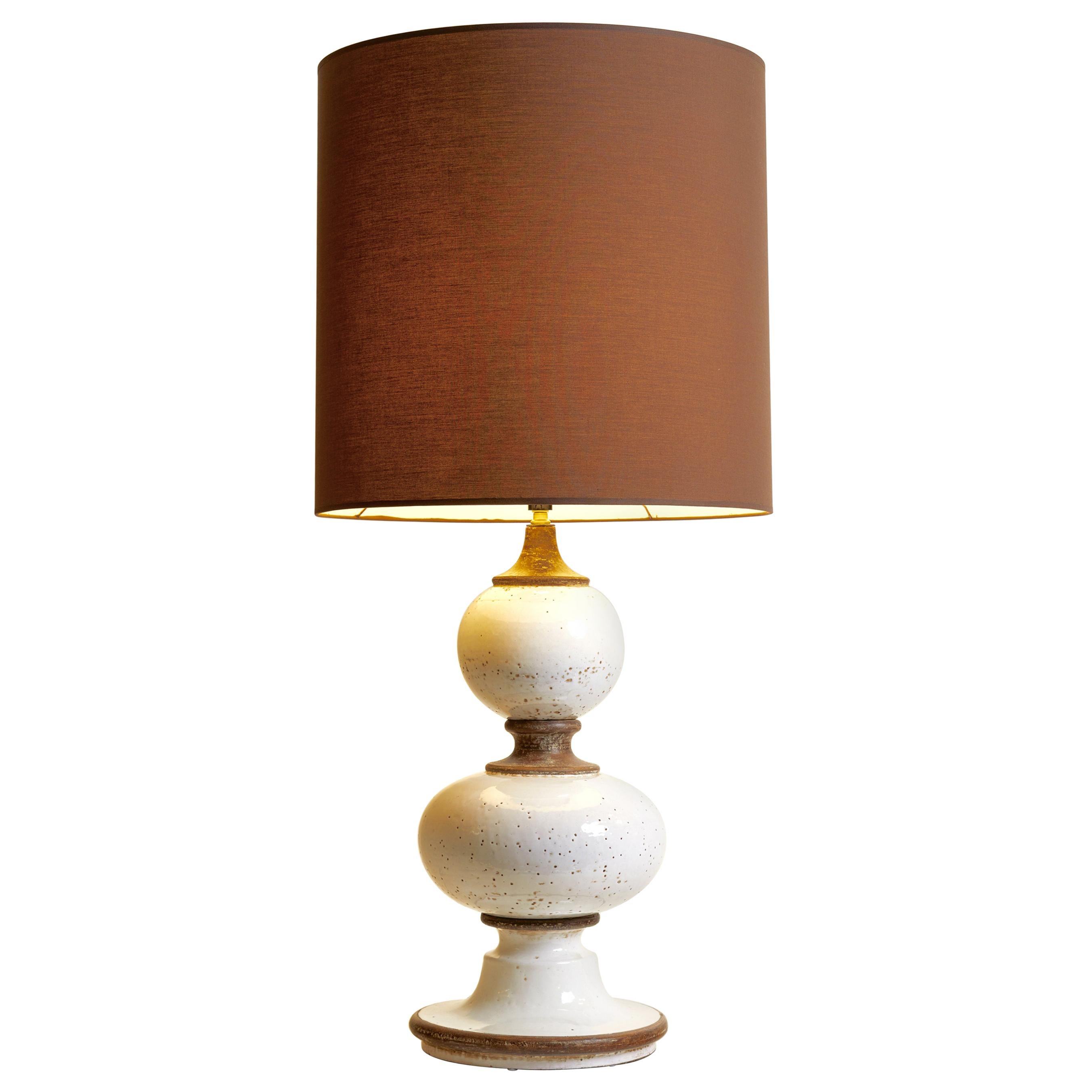 1960s French White Glaze Pottery Lamp with Brown Accents and Custom Lampshade