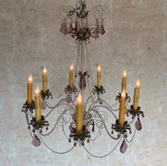 1960's French White Metal Chandelier with Amethyst Color Glass