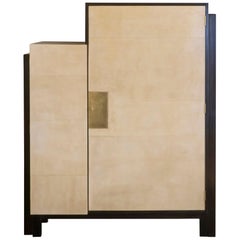 1960s French Wood and Parchment Tall Cabinet.