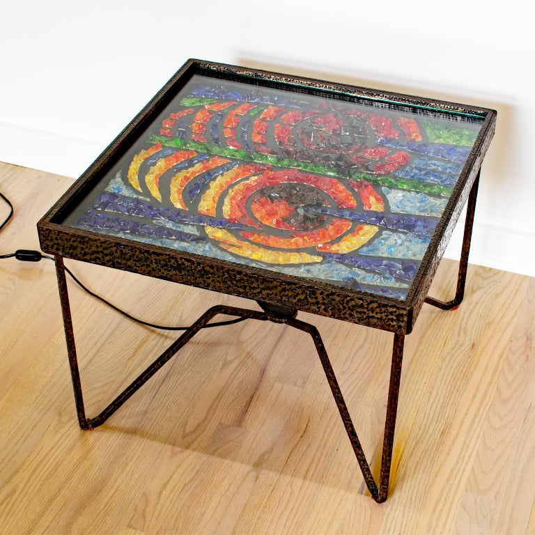 Mid-Century Modern French Wrought Iron Side Coffee Table with Glass Mosaic, 1960s For Sale