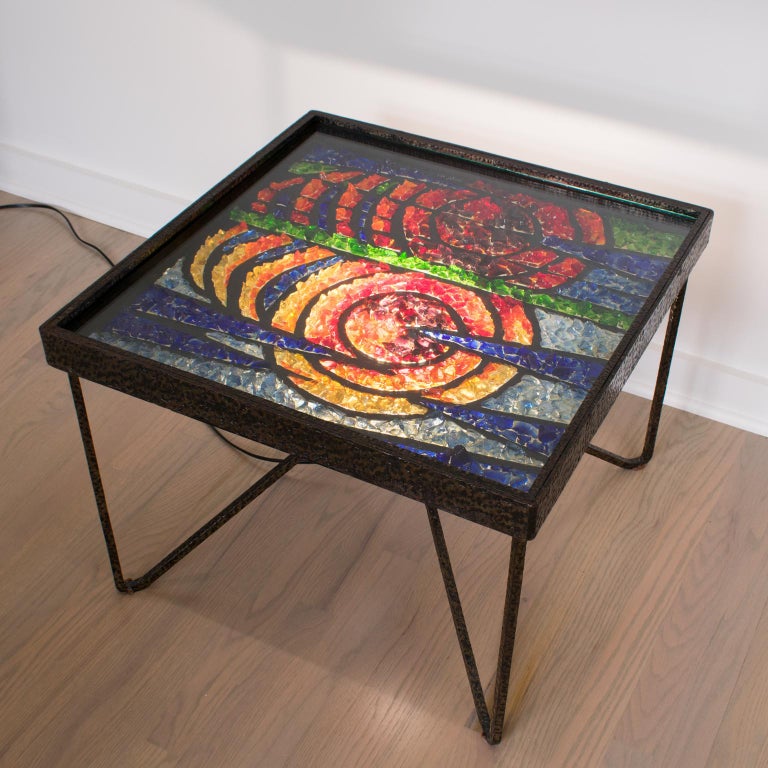 Mid-20th Century French Wrought Iron Side Coffee Table with Glass Mosaic, 1960s For Sale