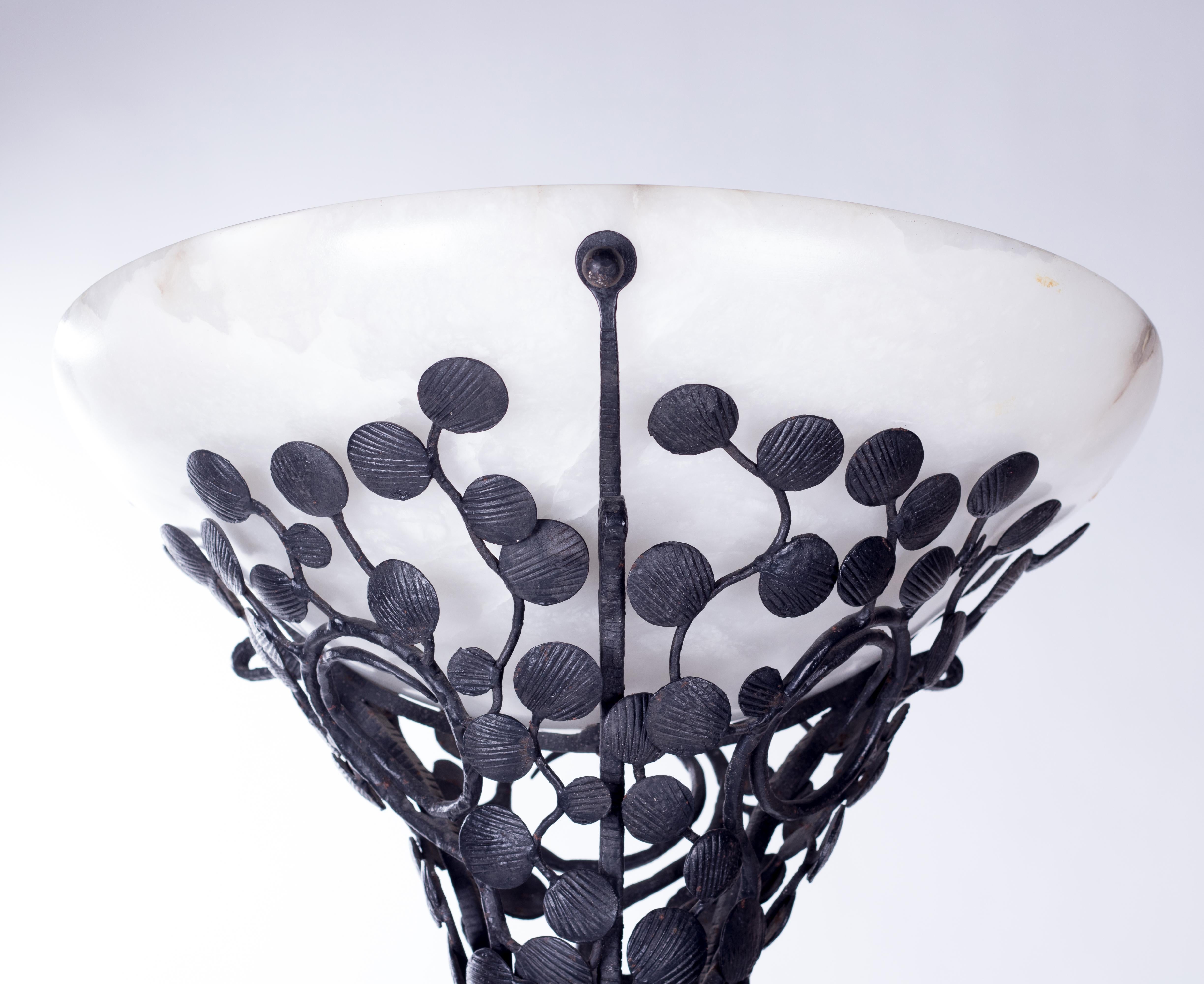 1960s French Wrought Iron Standing Lamp with Translucent Marble Shade In Good Condition In Marbella, ES