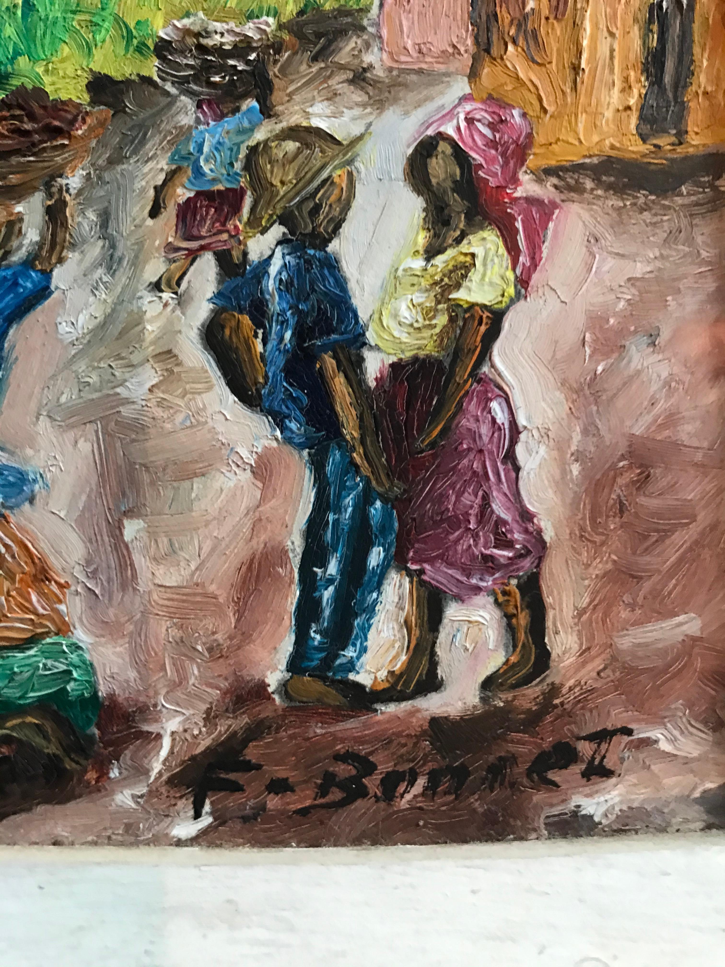 Small Haitian painting from the 1960s of a street during market day. People carrying baskets of fruit/vegetables and a couple conversing in the foreground, painted with thick bold colors evoking the climate and culture of Haiti. Period hand carved