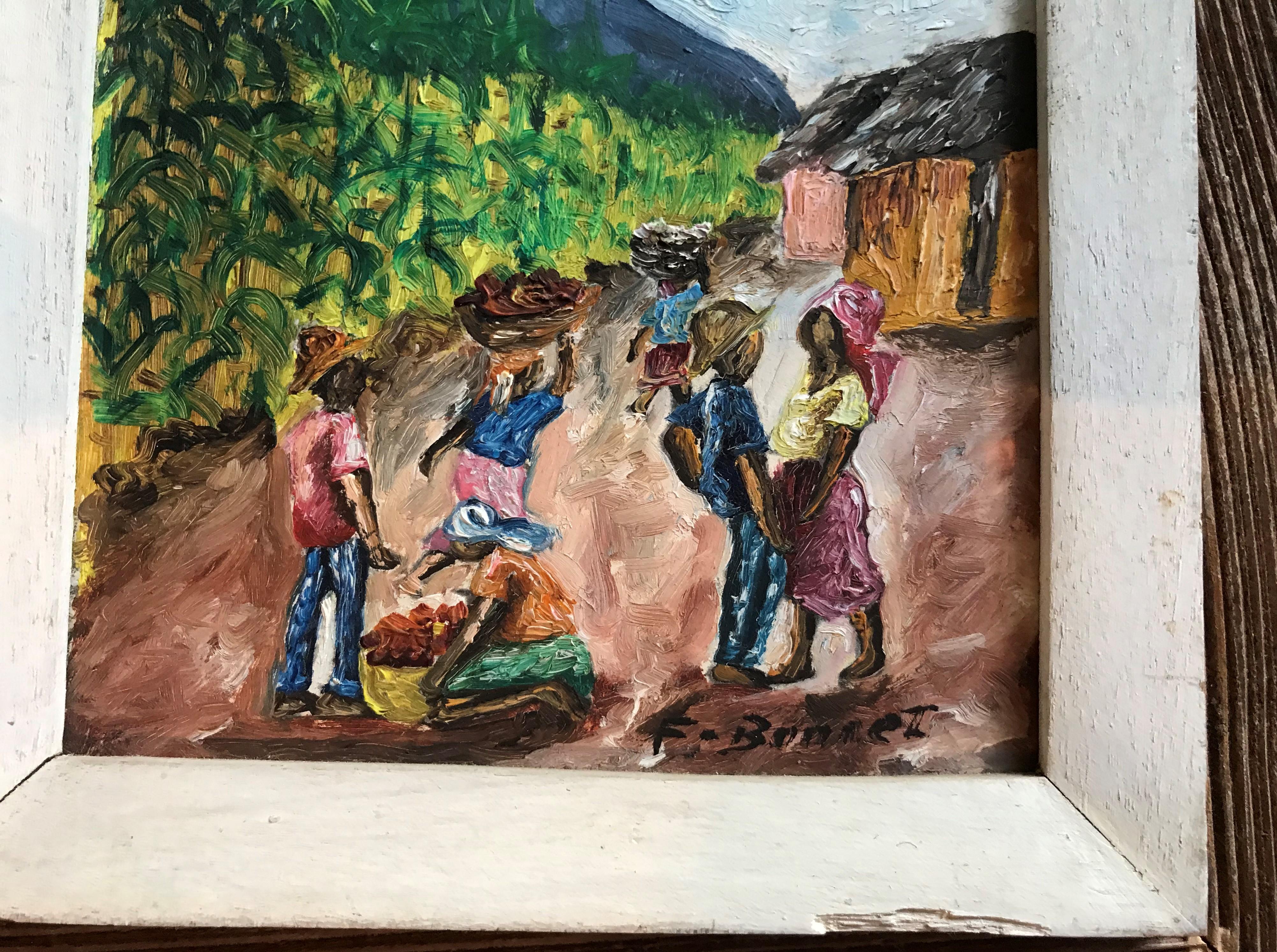 Rustic Fritz Bonnett Haitian Street Scene Oil on Board with Hand Carved Frame Haiti