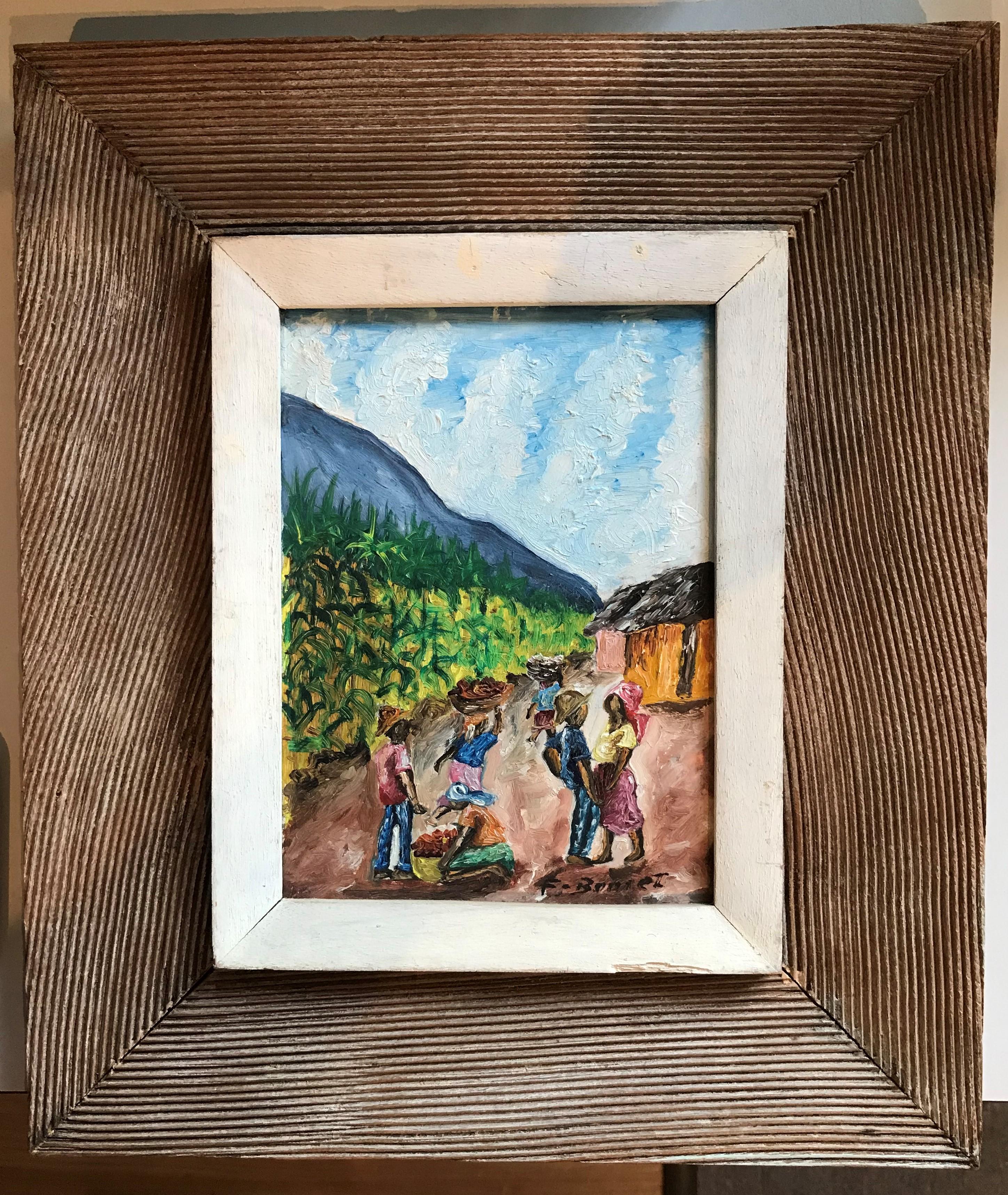 Unknown Fritz Bonnett Haitian Street Scene Oil on Board with Hand Carved Frame Haiti
