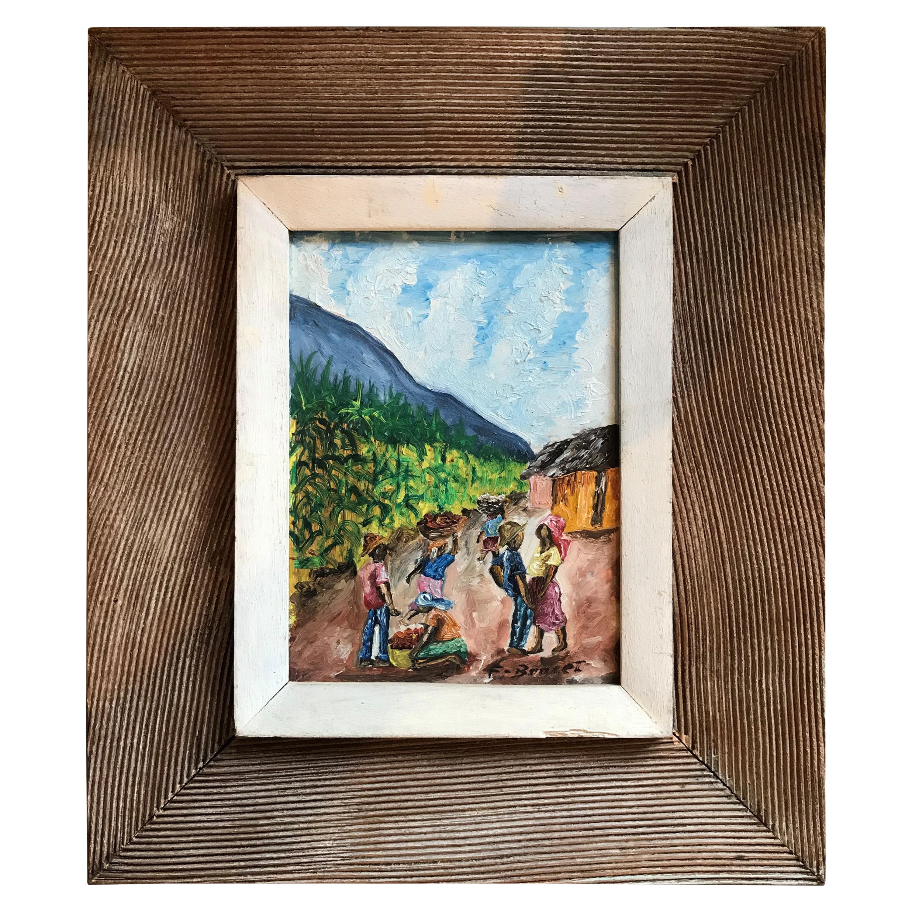 Fritz Bonnett Haitian Street Scene Oil on Board with Hand Carved Frame Haiti