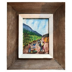 Vintage Fritz Bonnett Haitian Street Scene Oil on Board with Hand Carved Frame Haiti