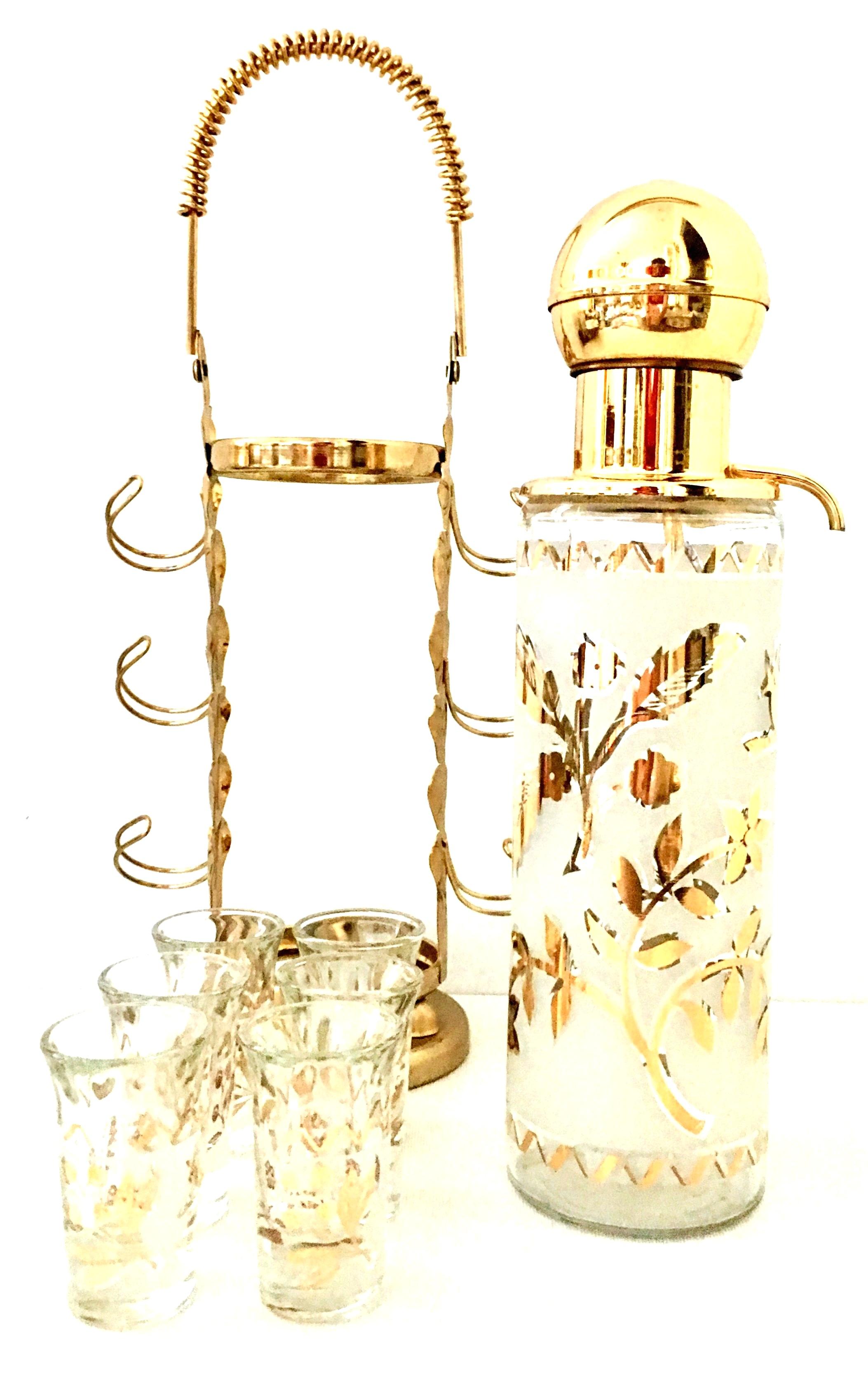 Hollywood Regency 1960'S Frosted Glass & 22-Karat Gold Gilt Brass Drinks S/9
