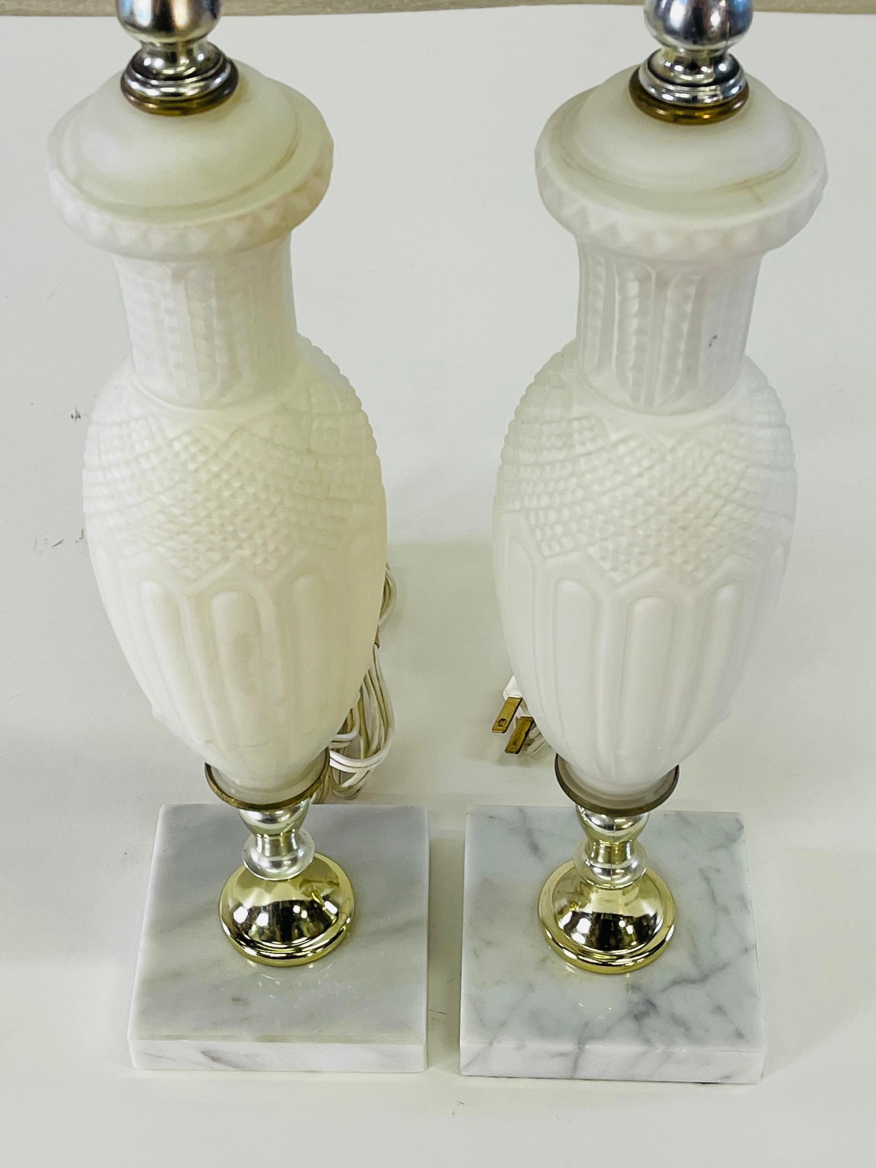 Hollywood Regency 1960s Frosted White Glass Table Lamps with Marble Bases, Pair For Sale