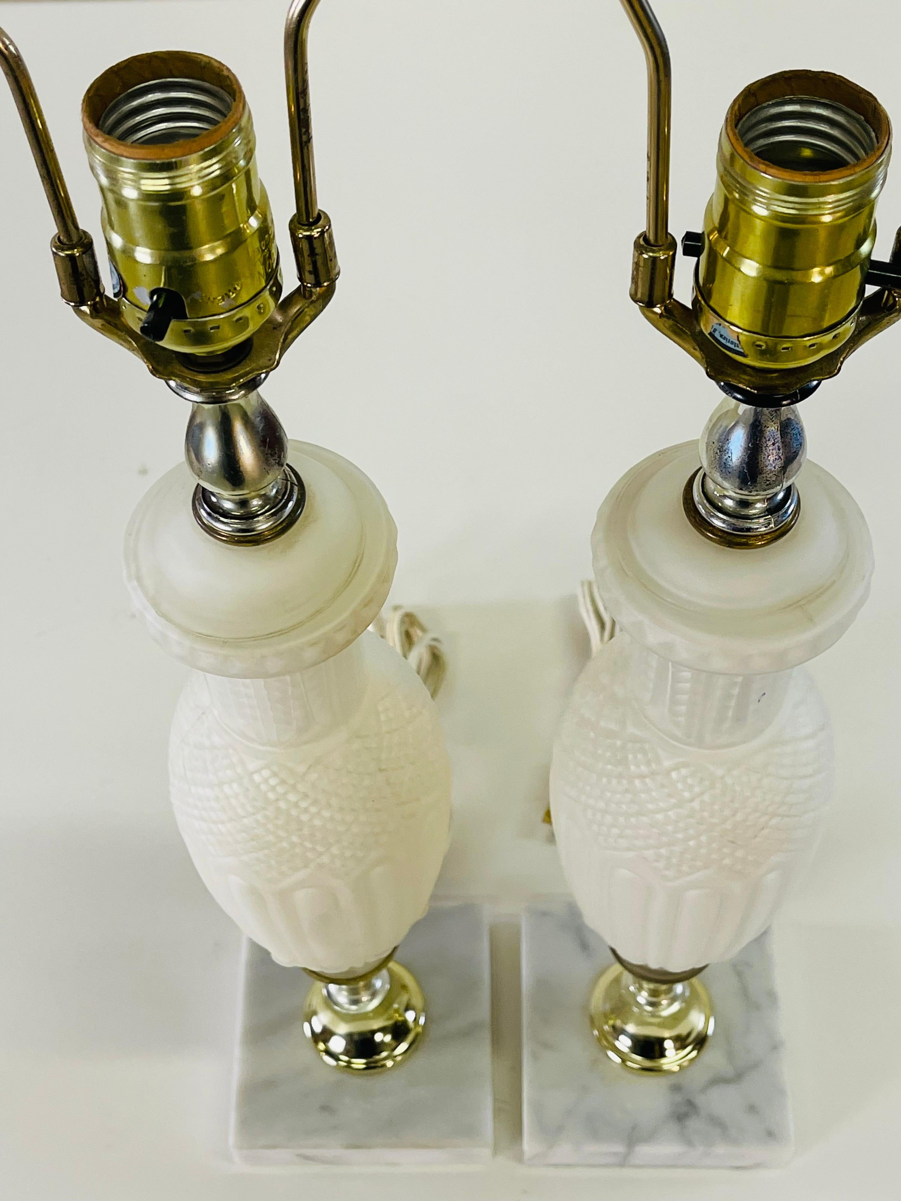 1960s Frosted White Glass Table Lamps with Marble Bases, Pair For Sale 1