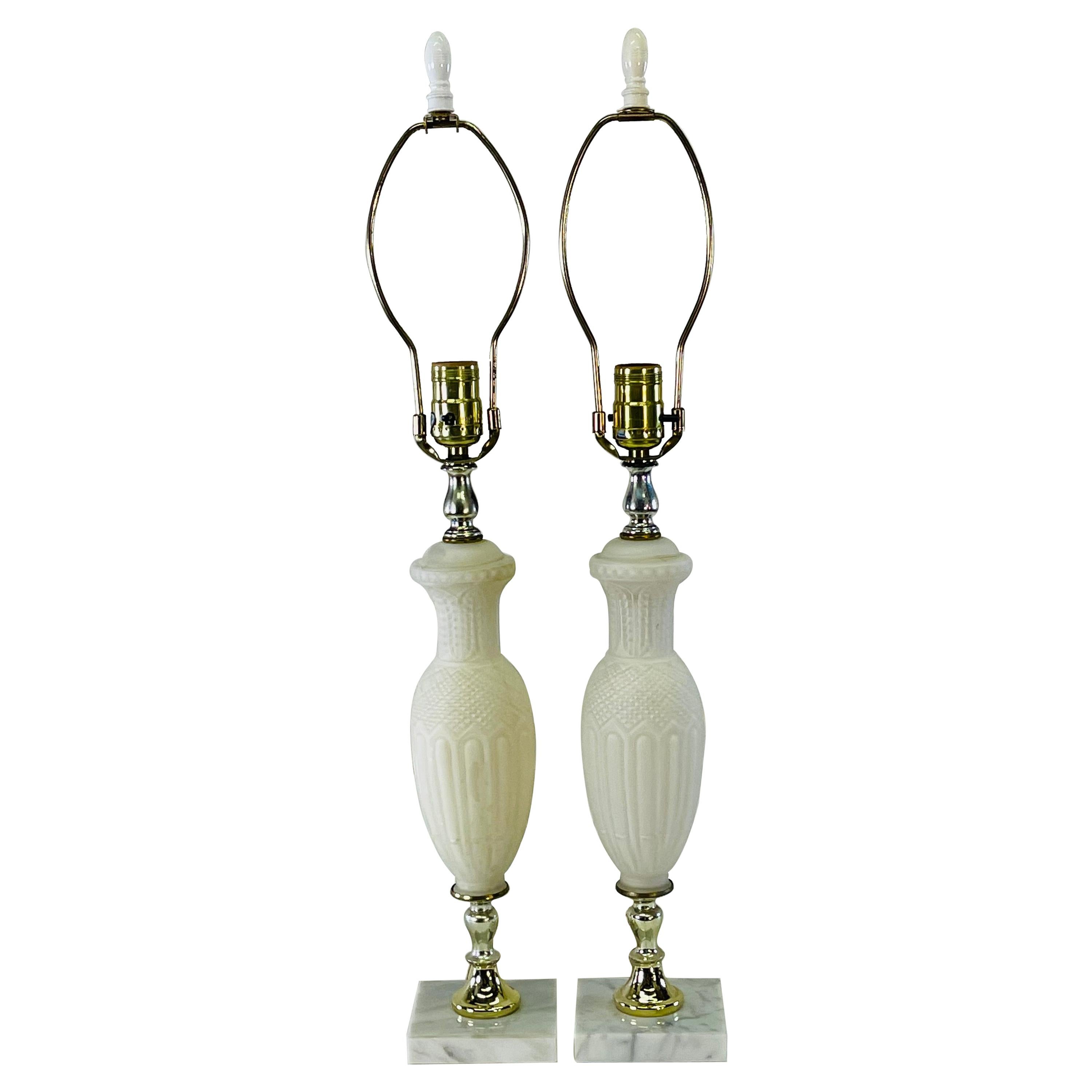 1960s Frosted White Glass Table Lamps with Marble Bases, Pair For Sale