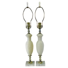 1960s Frosted White Glass Table Lamps with Marble Bases, Pair