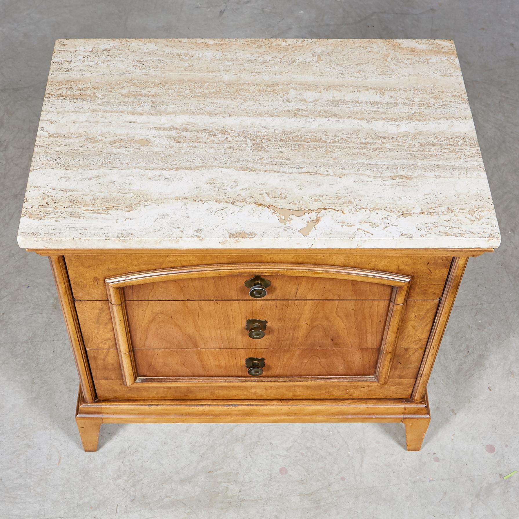 Vintage 1960s single fruitwood nightstand with an Italian travertine top. The top is not attached to the base. The nightstand has three drawers for storage. Newly refinished condition. No maker's mark.