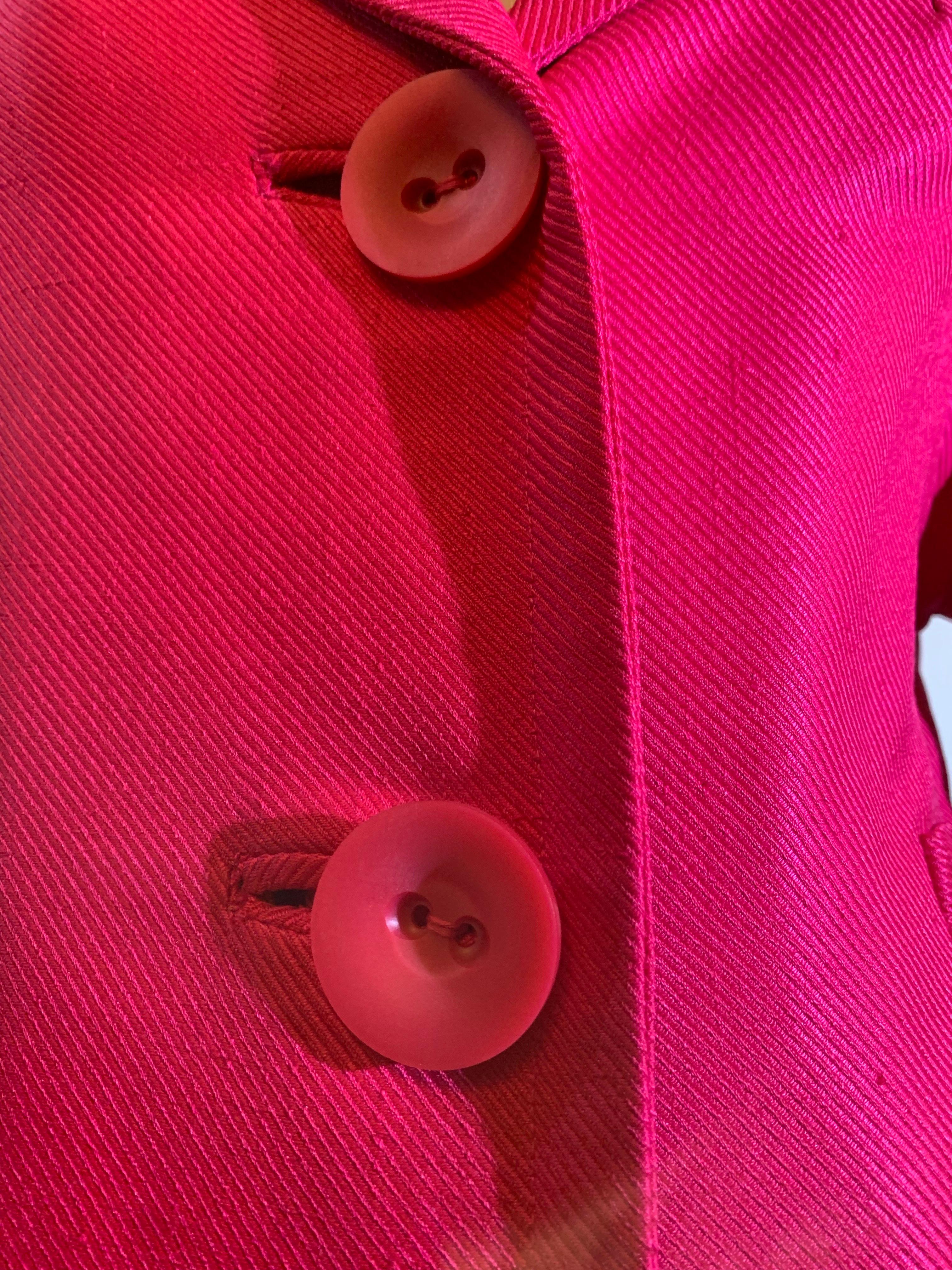 Abito a due pezzi con gonna a ruota in twill di seta degli anni '60, rosa fucsia, con maniche al gomito in vendita 4