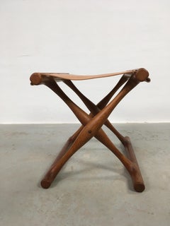 1960's Fully Restored Danish Poul Hundevad Folding Stool in Oak and Leather Seat