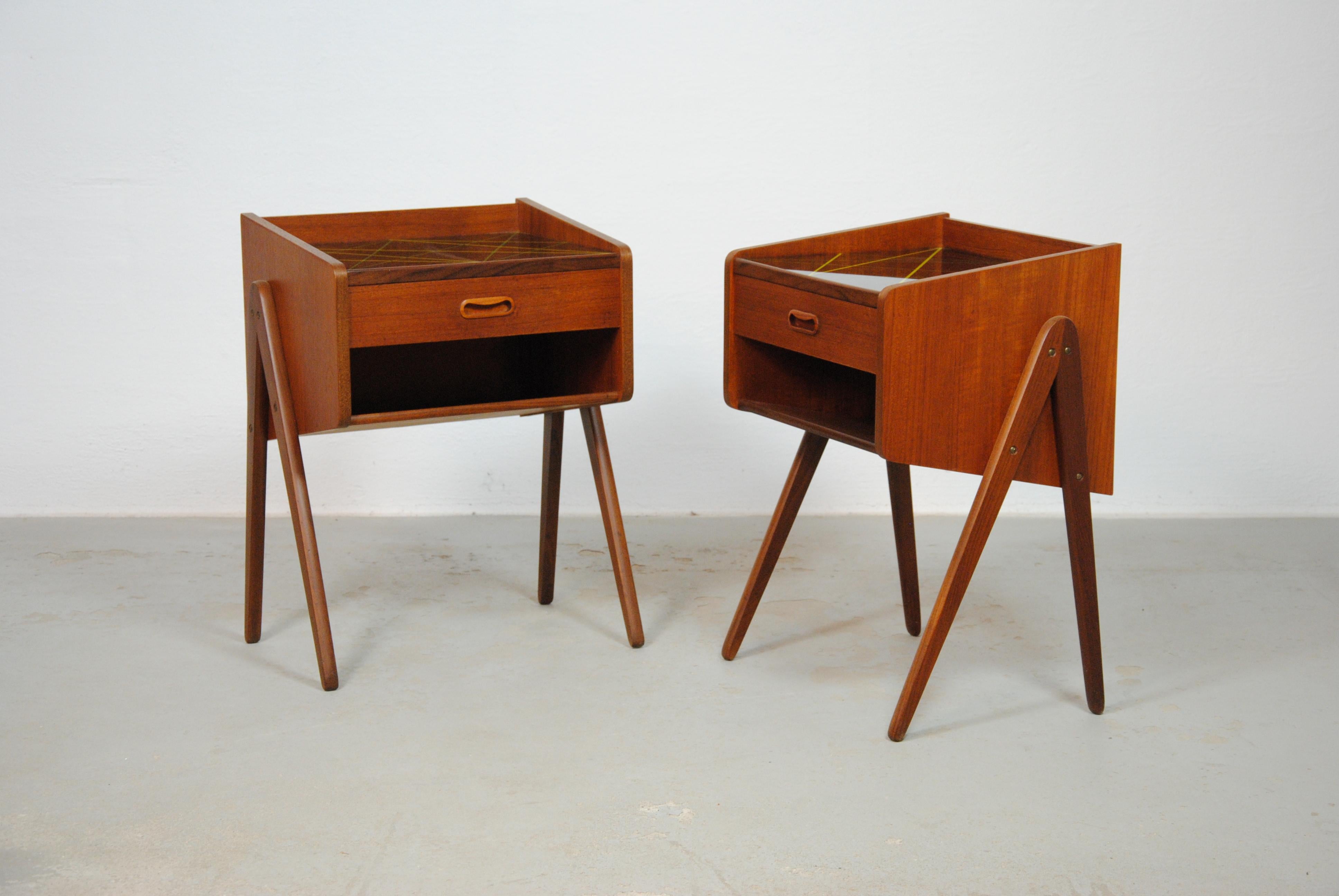 1960s Teak Vanity Table and Two Nightstands with Decorated Glass Tabletops 4