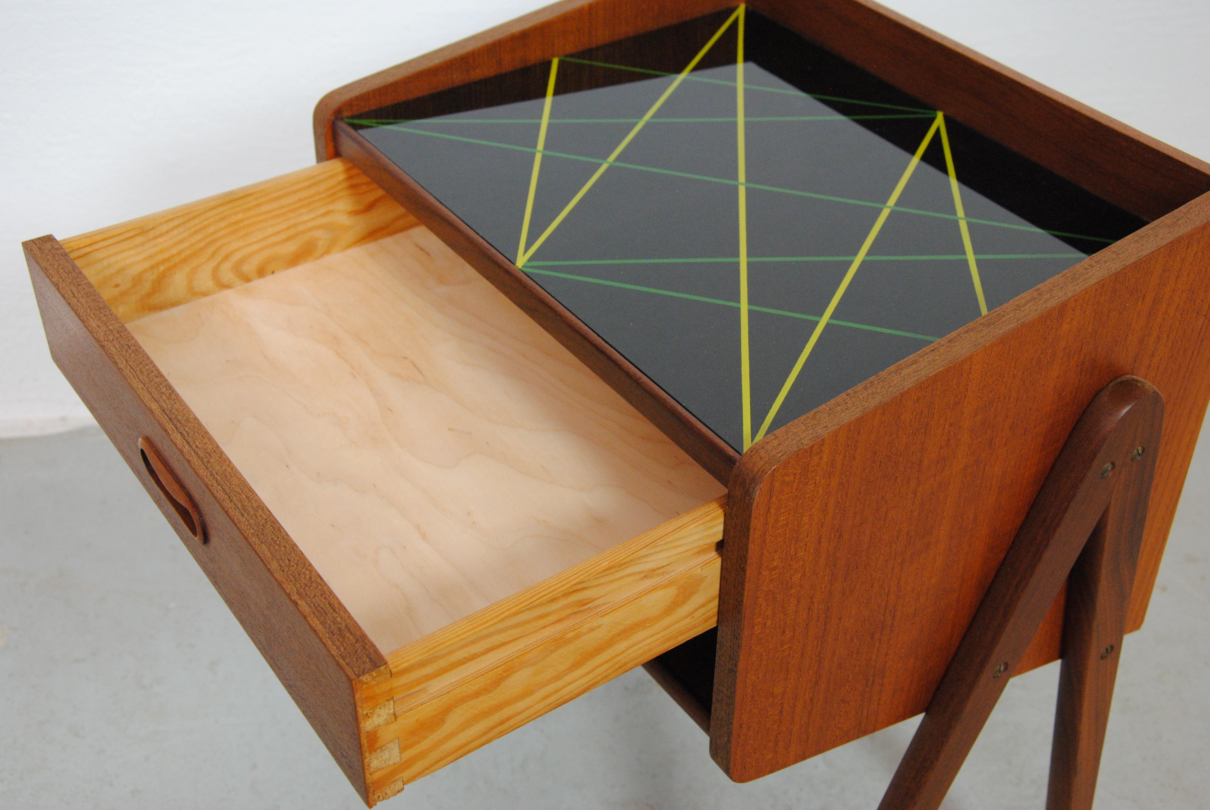 1960s Teak Vanity Table and Two Nightstands with Decorated Glass Tabletops 9