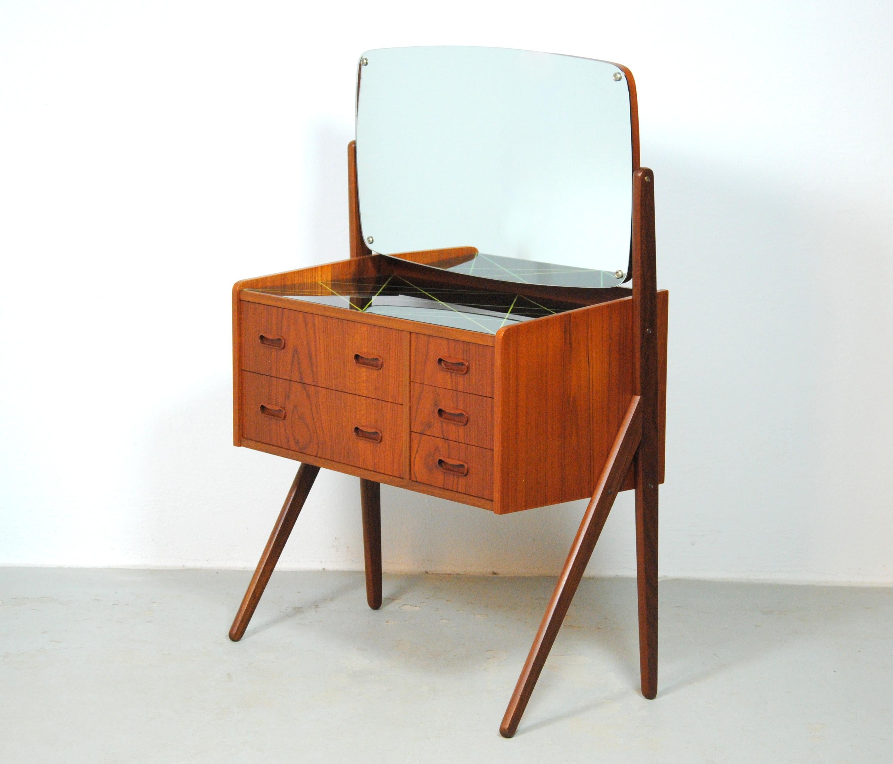 Mid-Century Modern 1960s Teak Vanity Table and Two Nightstands with Decorated Glass Tabletops For Sale