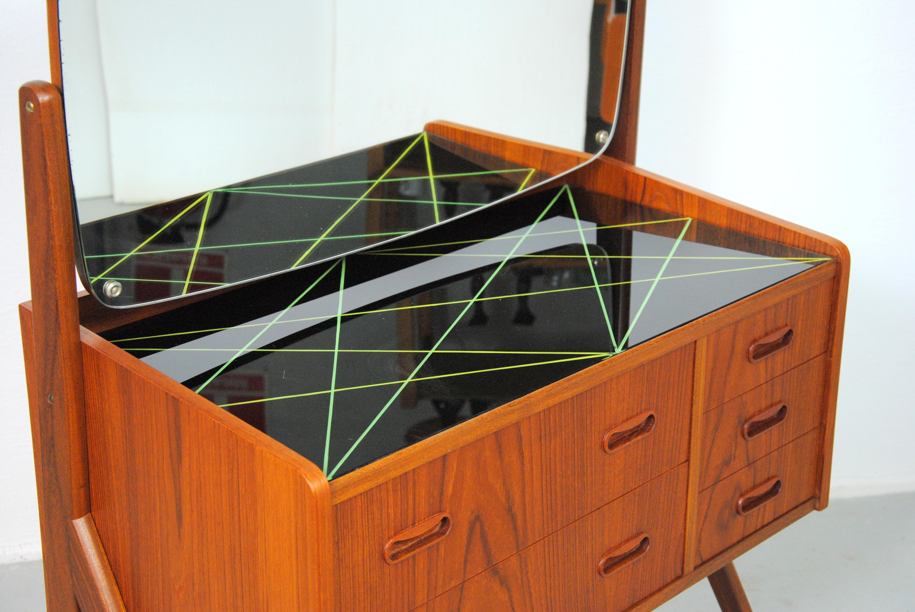 1960s Teak Vanity Table and Two Nightstands with Decorated Glass Tabletops For Sale 1