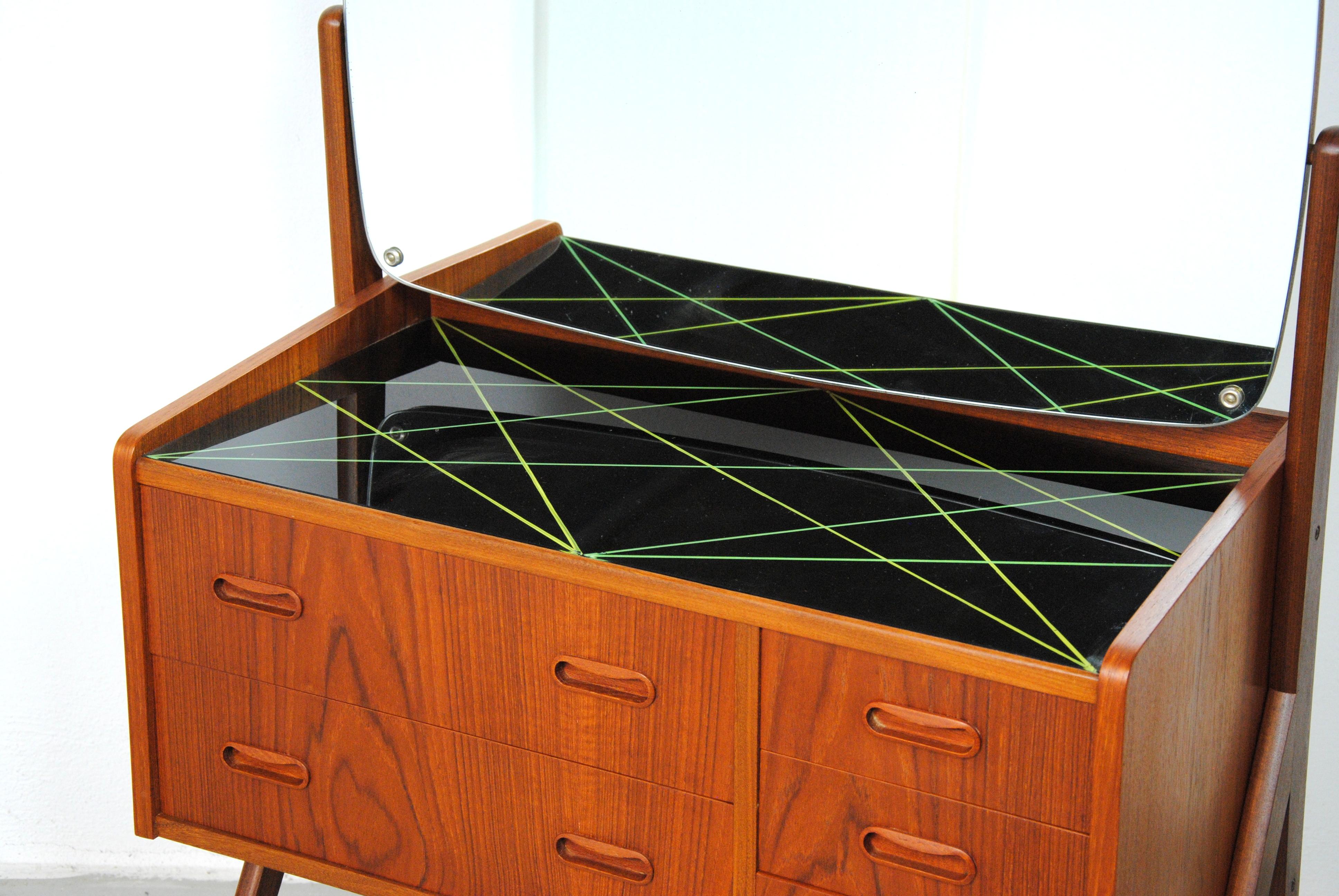 1960s Teak Vanity Table and Two Nightstands with Decorated Glass Tabletops 2