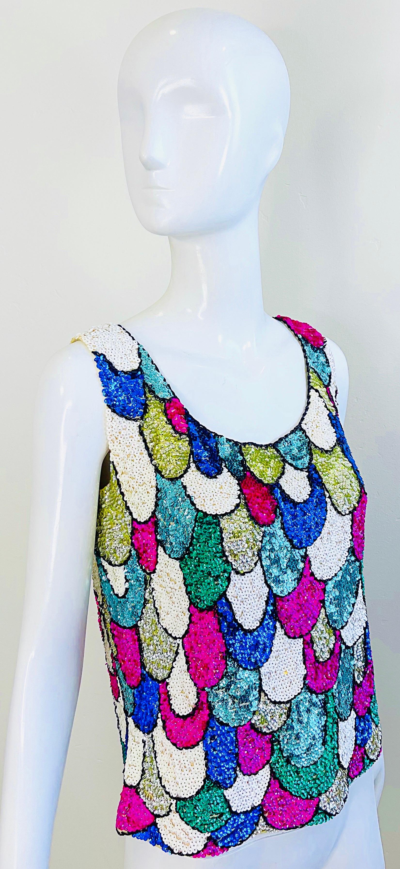 1960s Fully Sequined Fish Scale British Hong Kong Colorful 60s Vintage Sweater For Sale 7