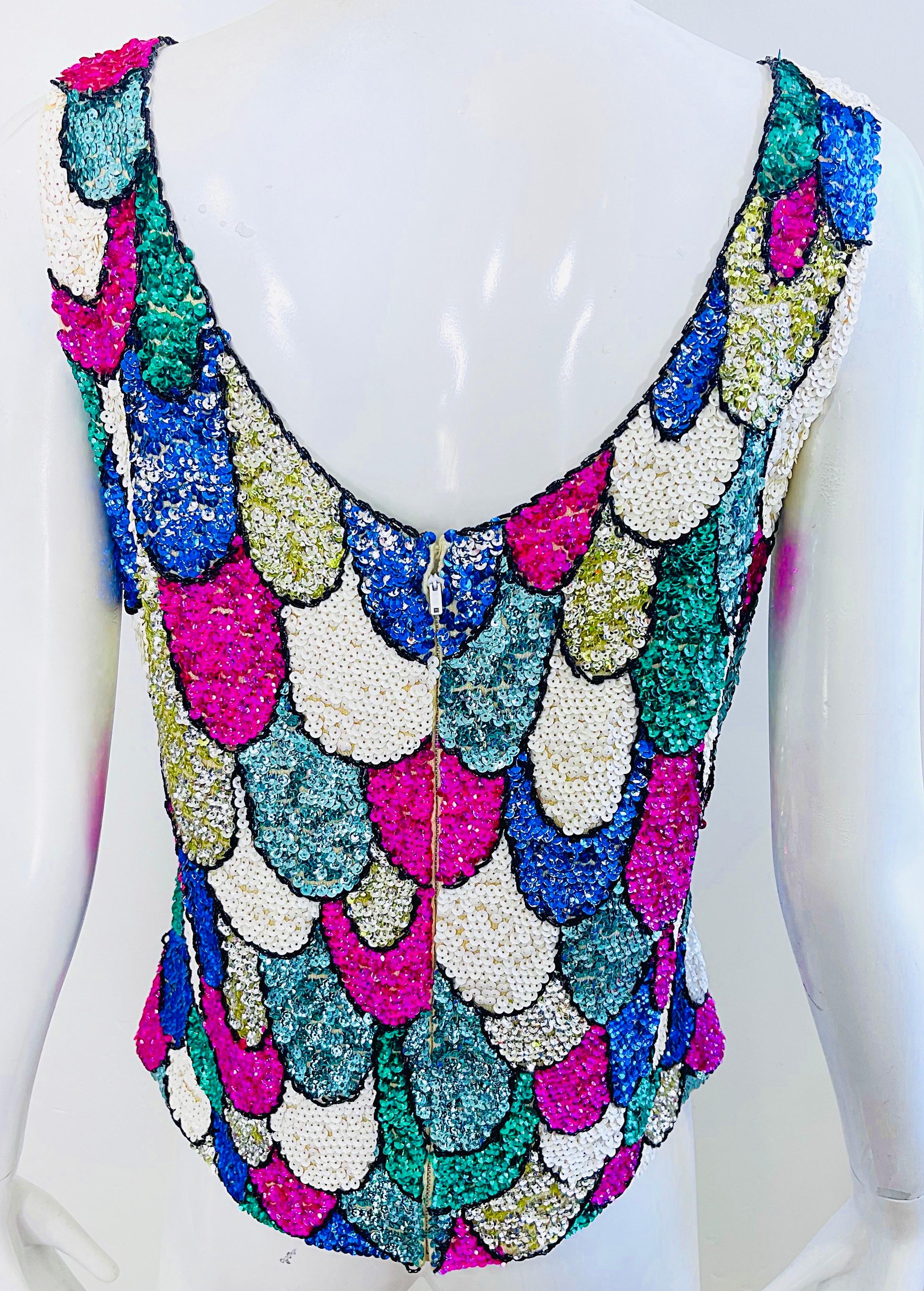 1960s Fully Sequined Fish Scale British Hong Kong Colorful 60s Vintage Sweater For Sale 8