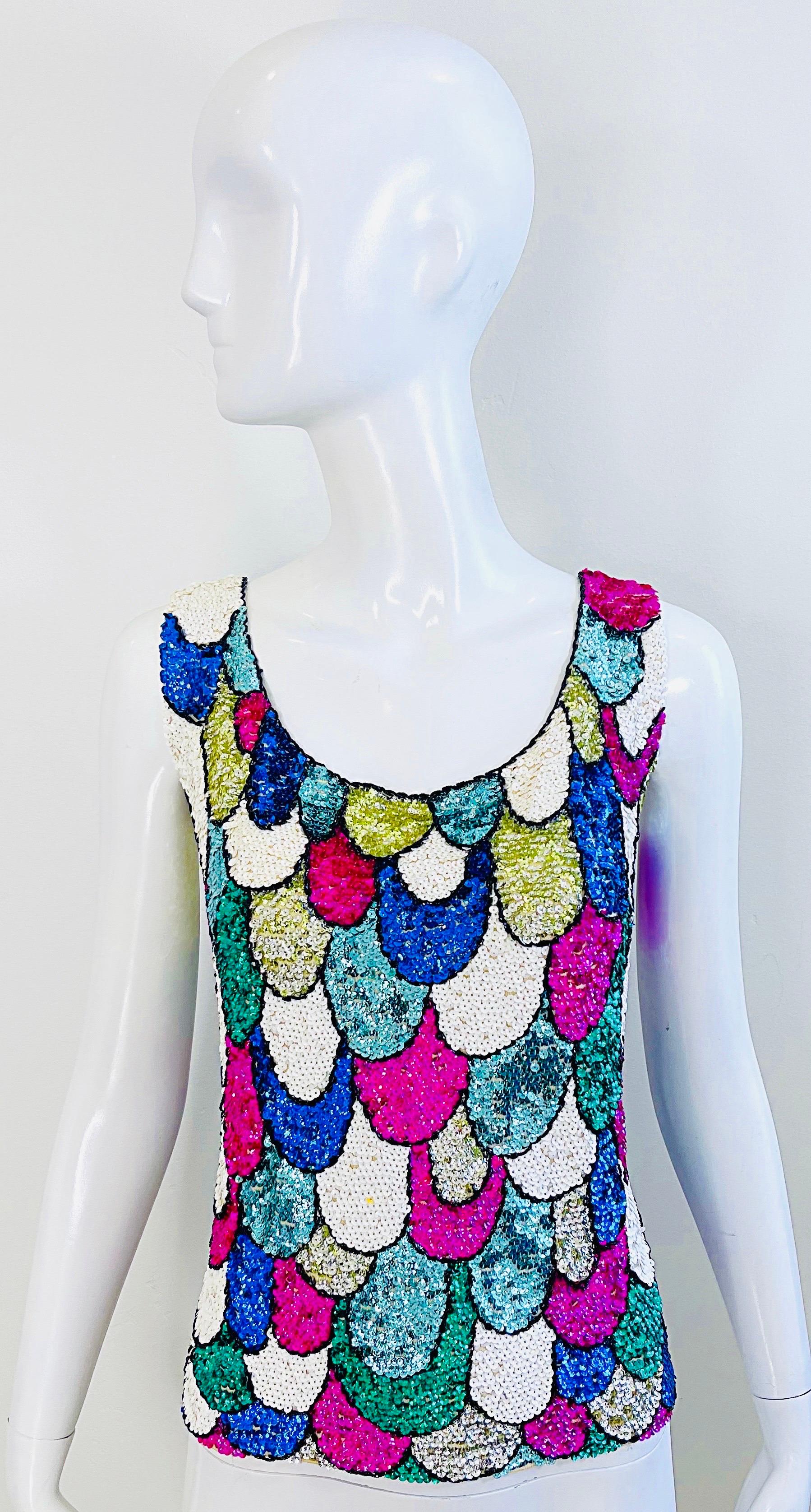 1960s Fully Sequined Fish Scale British Hong Kong Colorful 60s Vintage Sweater For Sale 9