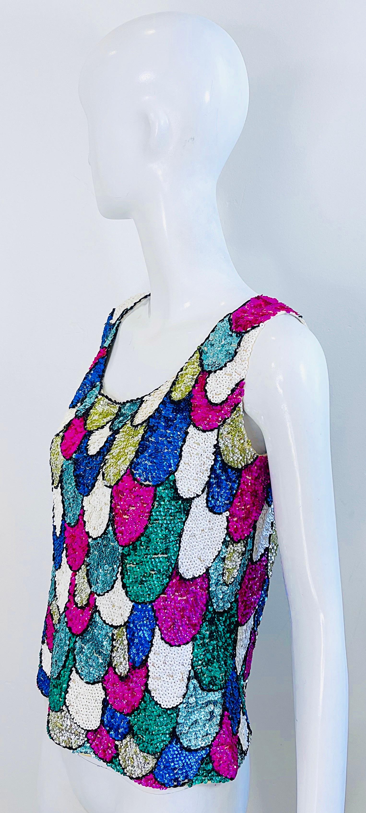 1960s Fully Sequined Fish Scale British Hong Kong Colorful 60s Vintage Sweater For Sale 1