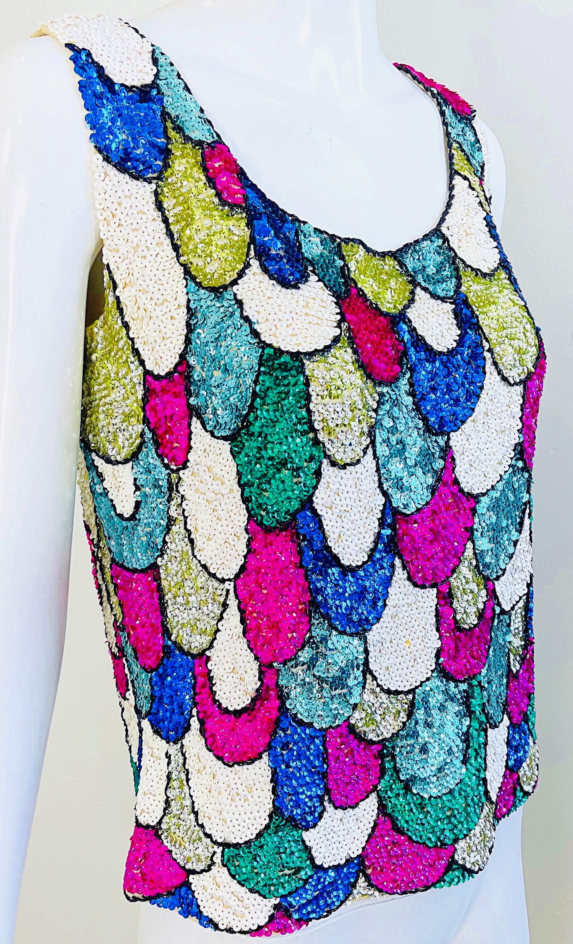 1960s Fully Sequined Fish Scale British Hong Kong Colorful 60s Vintage Sweater For Sale 2