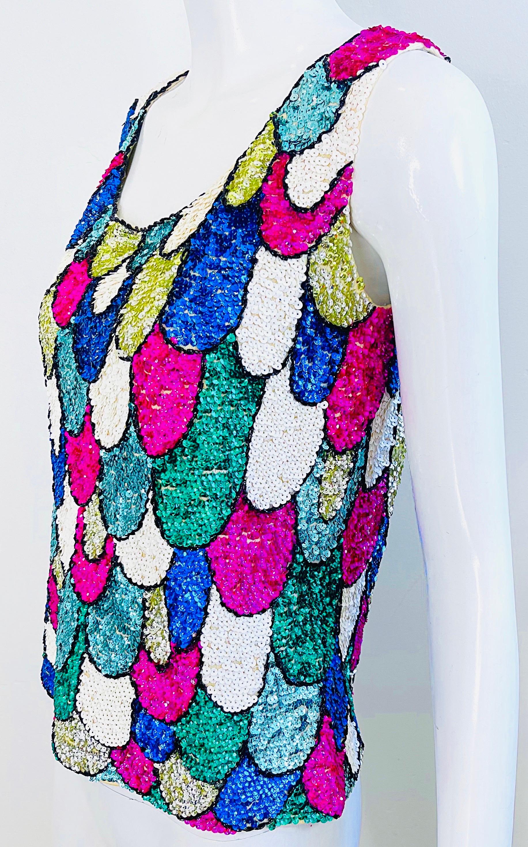1960s Fully Sequined Fish Scale British Hong Kong Colorful 60s Vintage Sweater For Sale 4