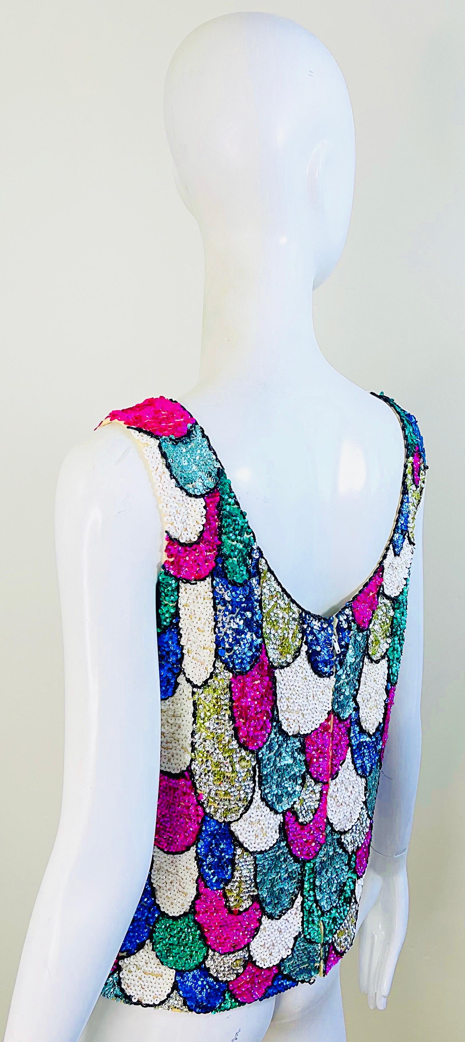1960s Fully Sequined Fish Scale British Hong Kong Colorful 60s Vintage Sweater For Sale 5