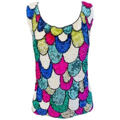 1960s Totalmente de lentejuelas escama de pescado Hong Kong Británico Colorido 60s Vintage Sweater