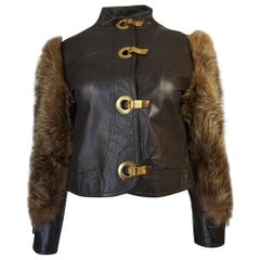 1960s Fur Sleeve Leather Bomber Jacket w Brass Hook Closures