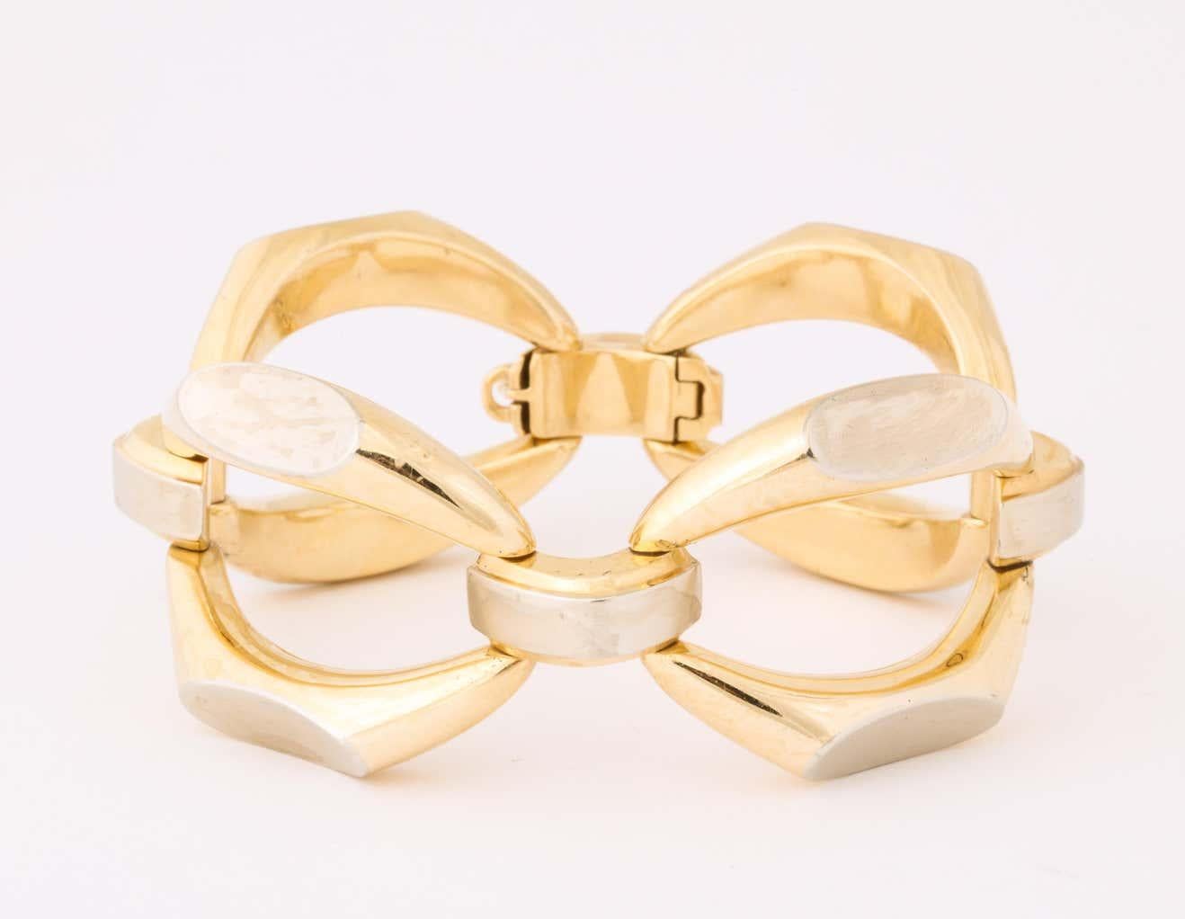 1960's Futuristic Oblong White and Yellow Gold Open Link Bracelet For Sale 4