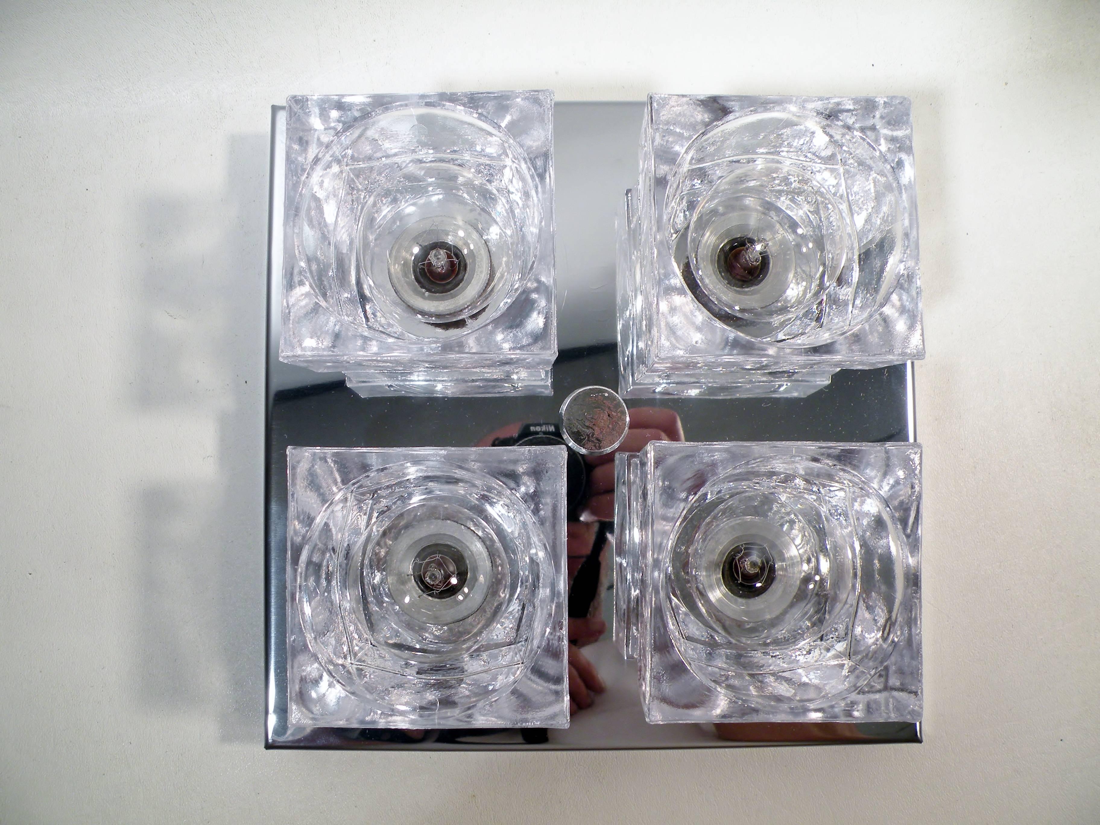 Mid-20th Century 1960s Gaetano Sciolari Four-Light Crystal Cube Flush Mount Lamp For Sale