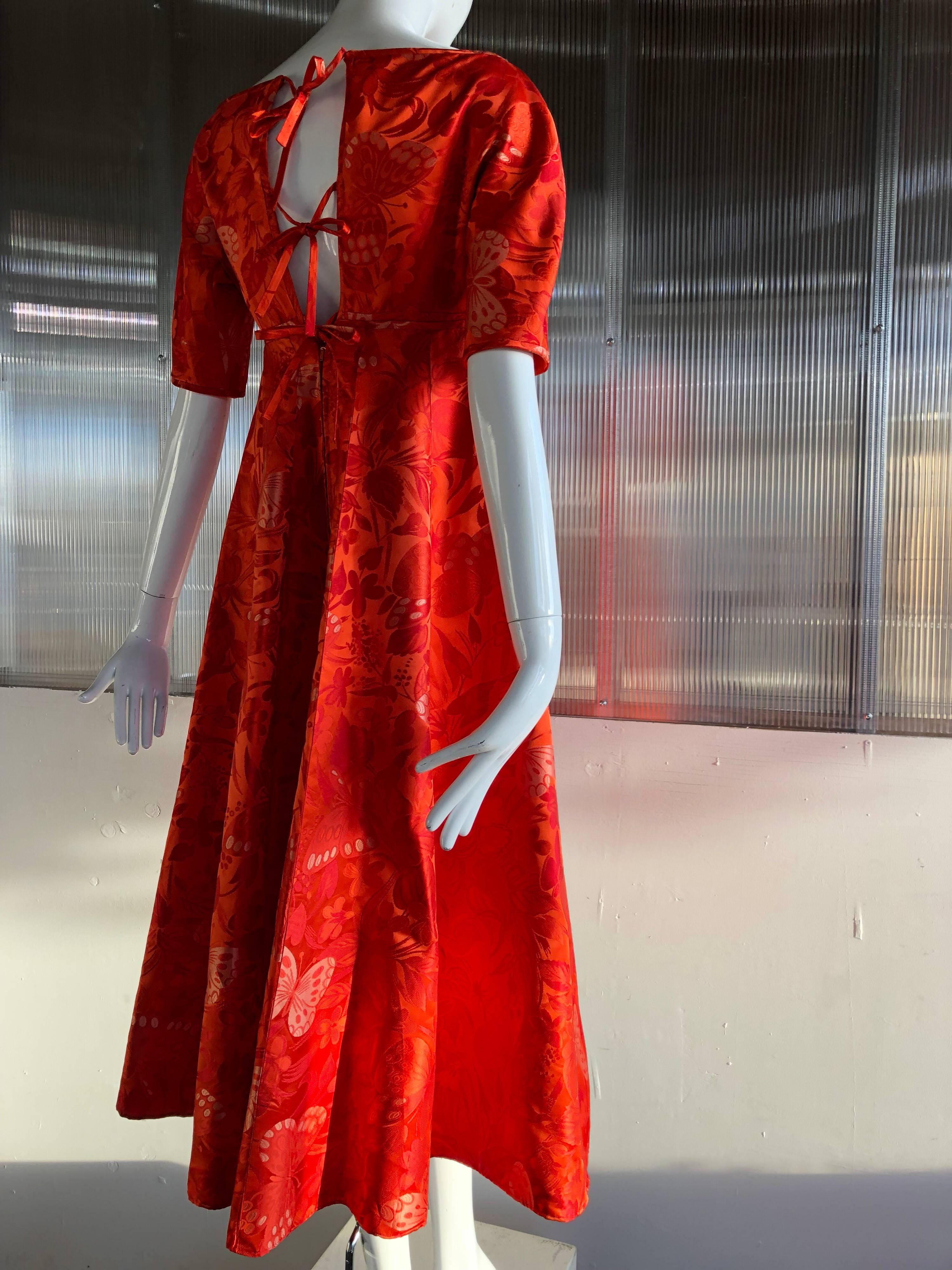Red Galanos Butterfly Silk Brocade Horsehair Skirt and Ties Cocktail Dress, 1960s  