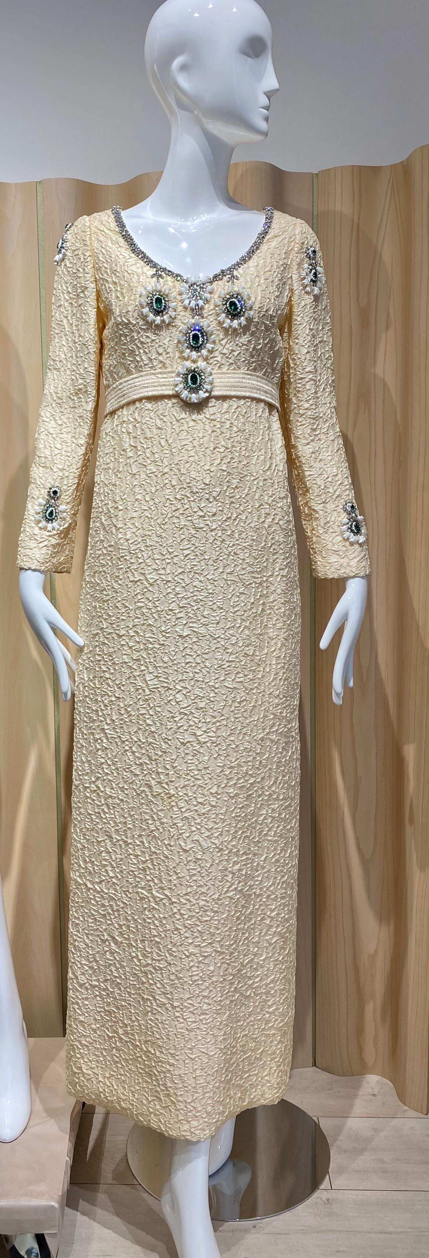 1960s Galanos Creme Long Sleeve Dress with Green Rhinestones Embellishment  In Fair Condition For Sale In Beverly Hills, CA
