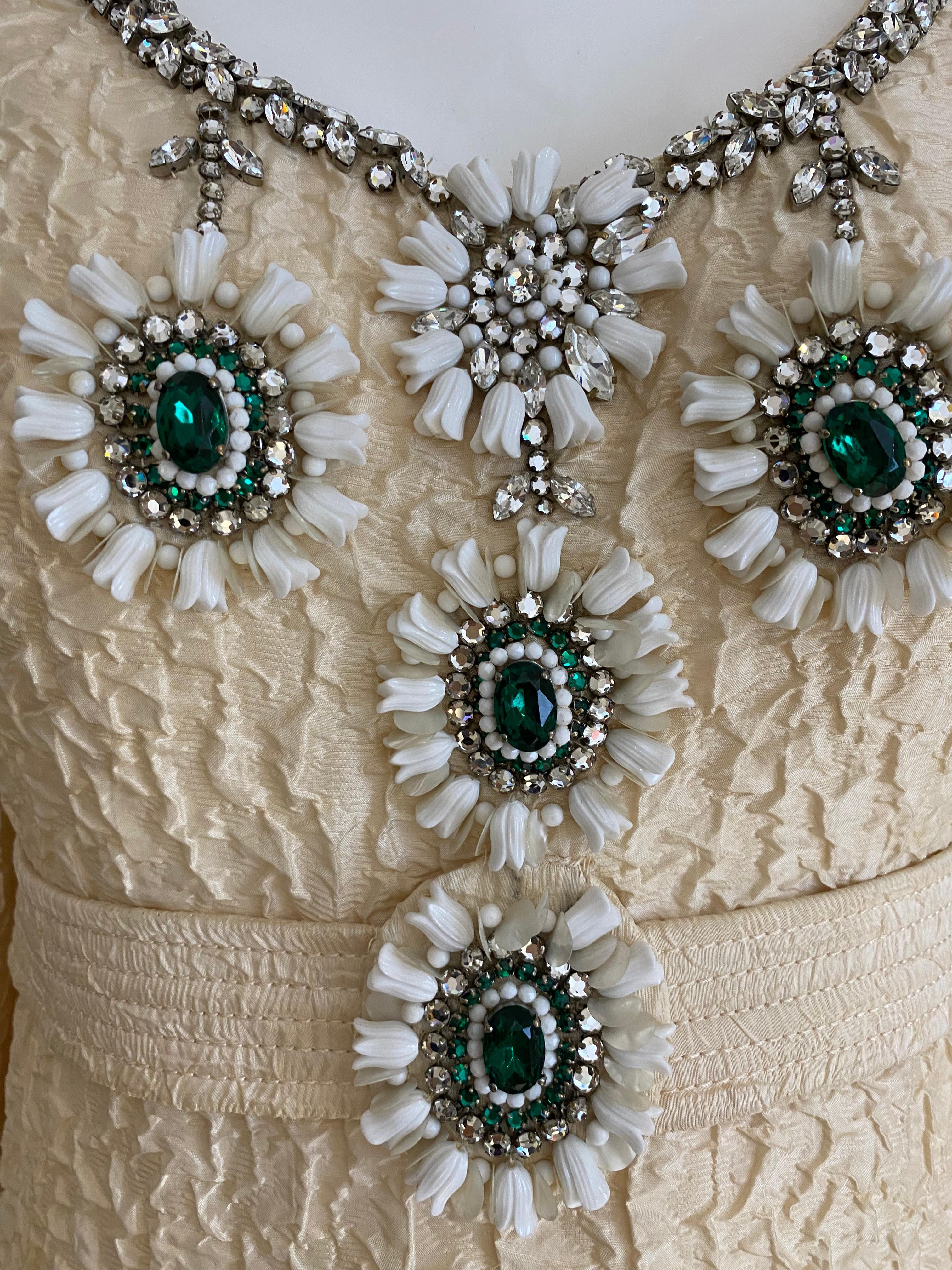 1960s Galanos Creme Long Sleeve Dress with Green Rhinestones Embellishment  For Sale 1