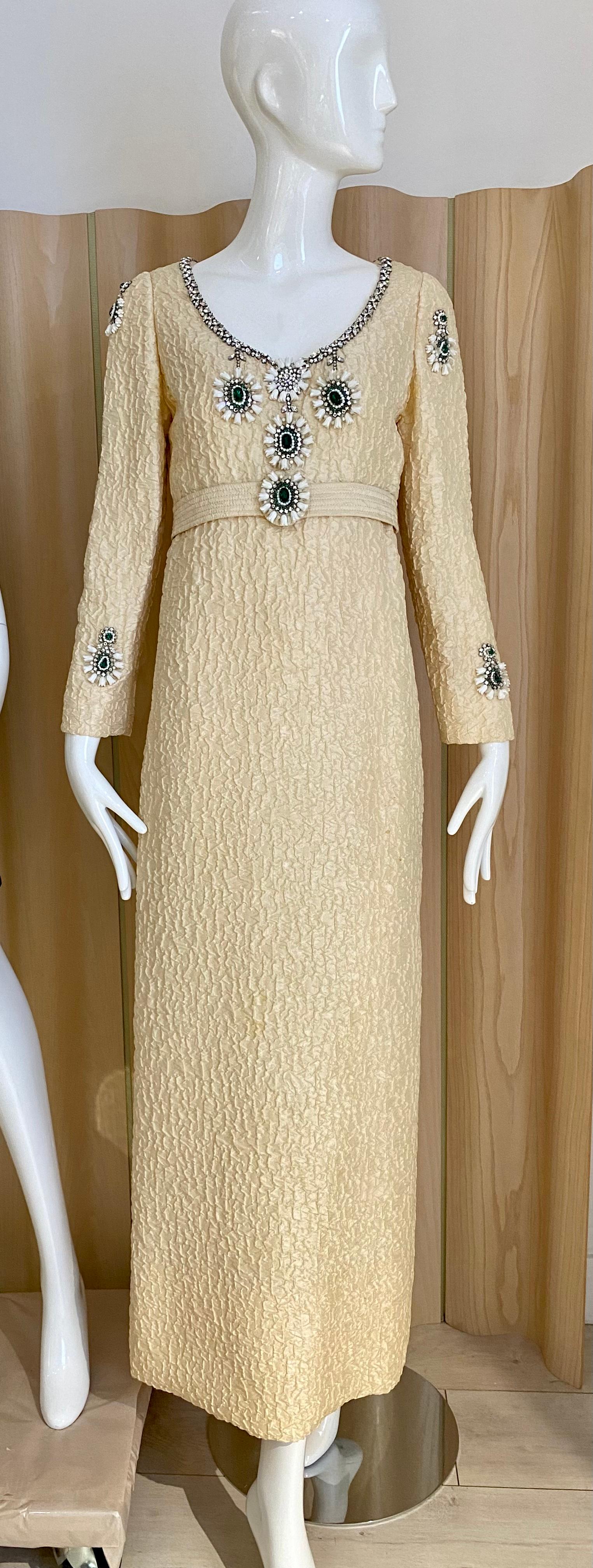 1960s Galanos Creme Long Sleeve Dress with Green Rhinestones Embellishment  For Sale 4