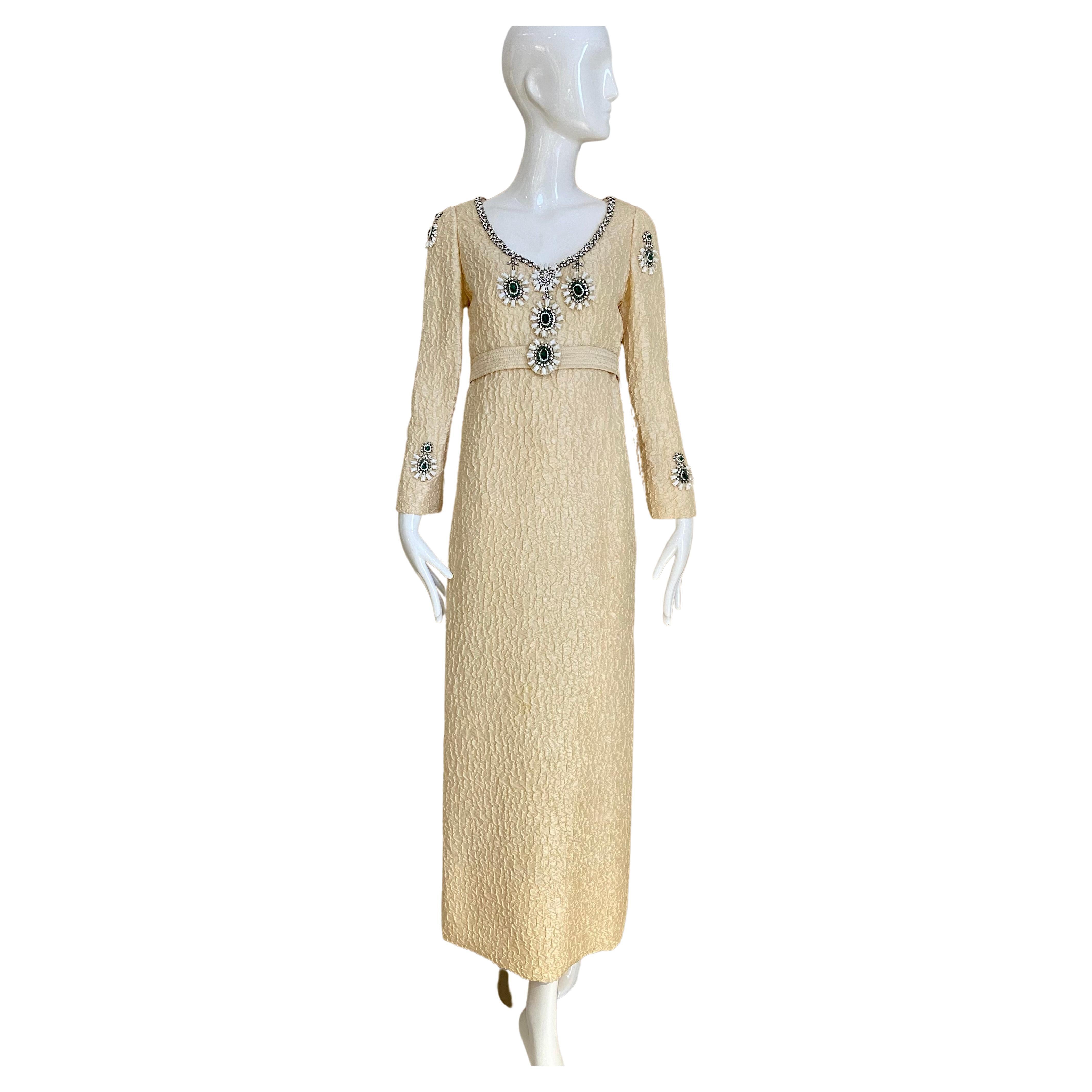 1960s Galanos Creme Long Sleeve Dress with Green Rhinestones Embellishment  For Sale