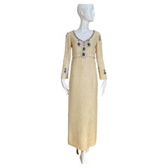 1960s Galanos Creme Long Sleeve Dress with Green Rhinestones Embellishment 