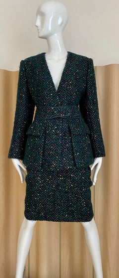 1960s  Galanos Green Metallic Cashmere and  Wool Boucle Skirt Suit