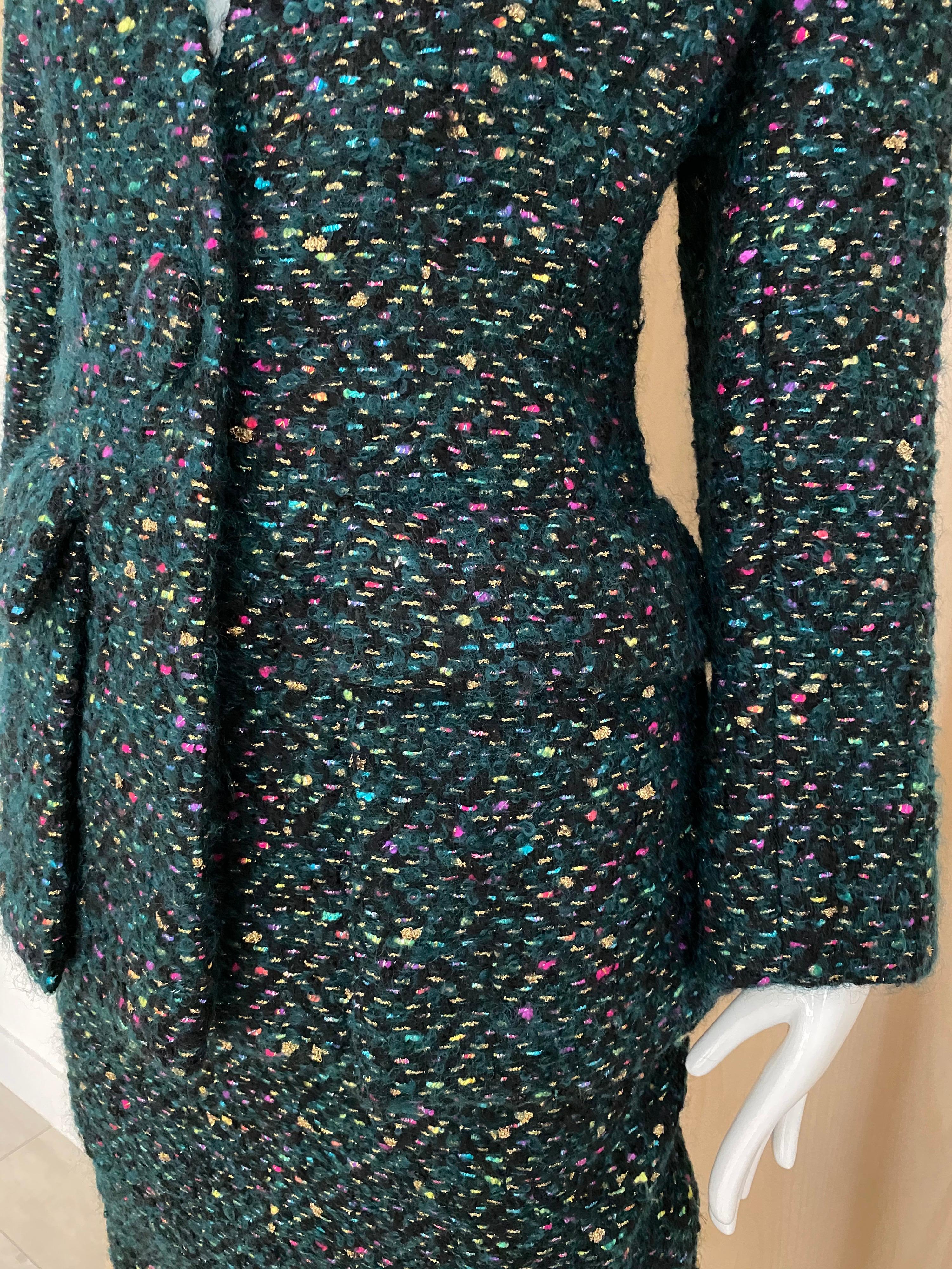 Black 1960s  Galanos Green Metallic Cashmere and  Wool Boucle Skirt Suit For Sale