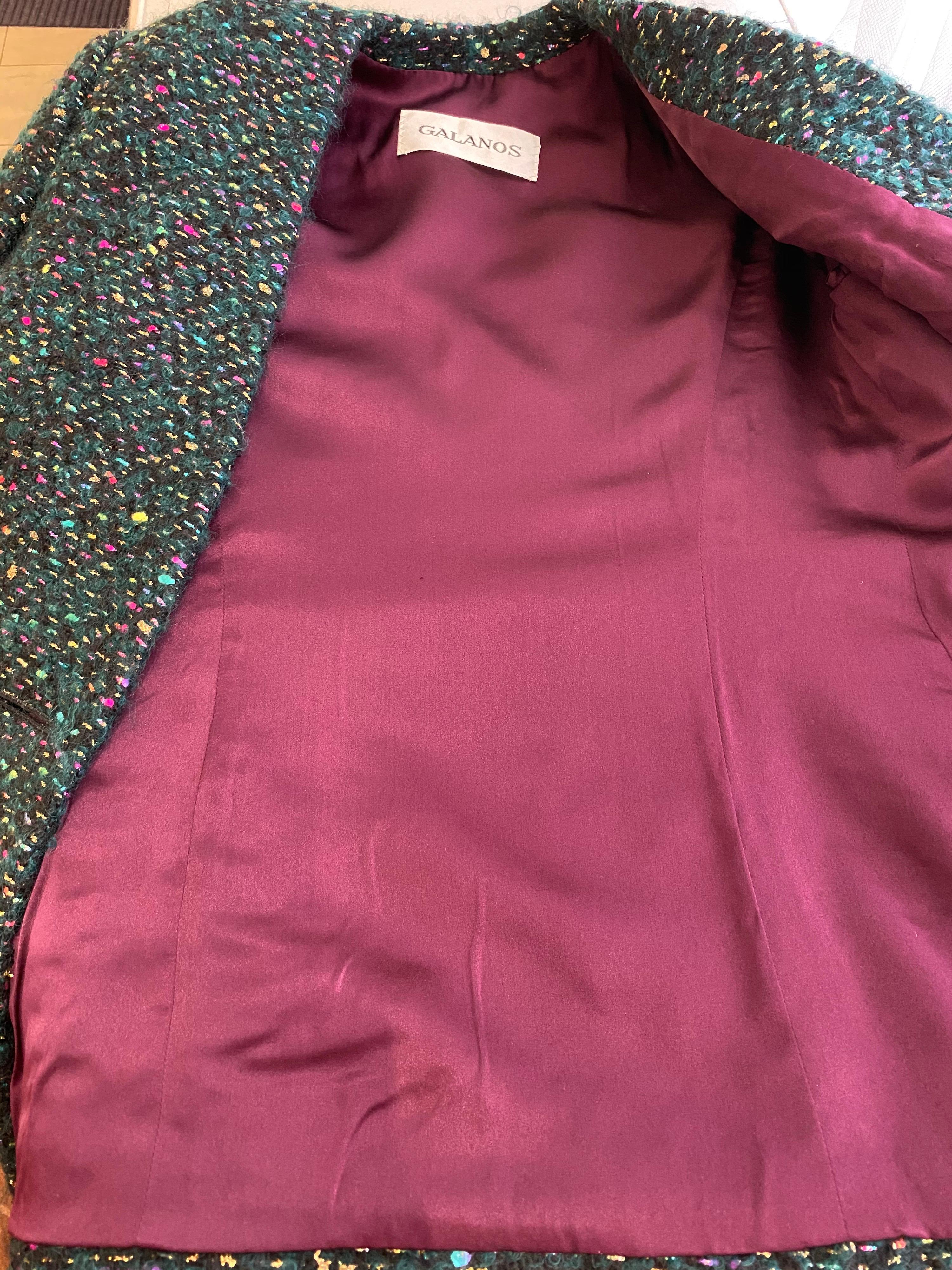 1960s  Galanos Green Metallic Cashmere and  Wool Boucle Skirt Suit In Excellent Condition For Sale In Beverly Hills, CA