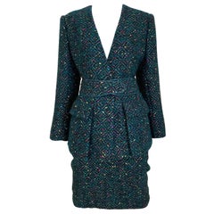1960s  Galanos Green Metallic Cashmere and  Wool Boucle Skirt Suit