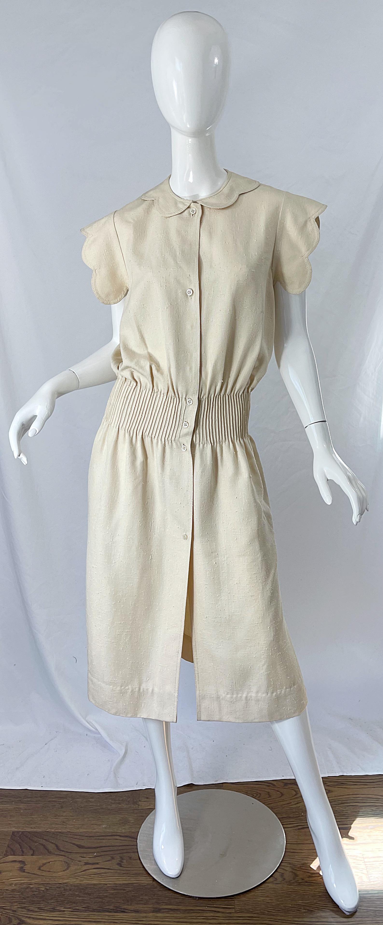 Rare early 1960s JAMES GALANOS for Bonwit Teller ivory Irish linen Avant Garde dress ! This gem is seriously a musuem worthy couture piece from Galanos' early work. Couture quality, with the majority of the construction completed by hand. Buttons up